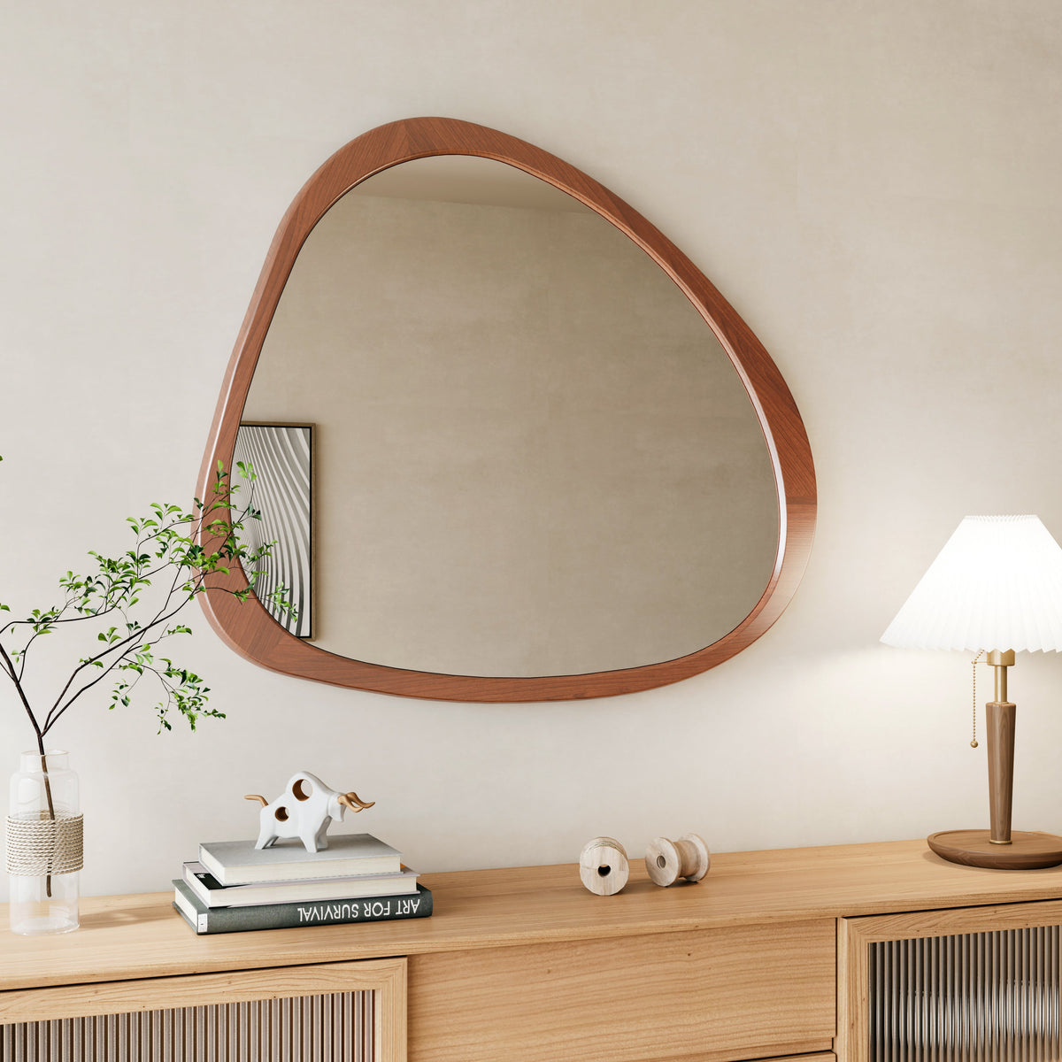 Solid Wood Mirror 45 Inch Asymmetrical Wall Mirror Wooden Framed Mirror Large Sized Dressing Mirror, for Living Room, Bedroom, Bathroom, Hallway or Entry Way, Walnut - Sonkuki