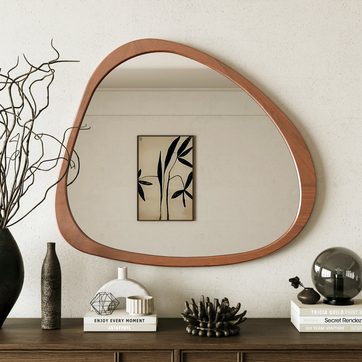 Solid Wood Mirror 45 Inch Asymmetrical Wall Mirror Wooden Framed Mirror Large Sized Dressing Mirror, for Living Room, Bedroom, Bathroom, Hallway or Entry Way, Walnut - Sonkuki