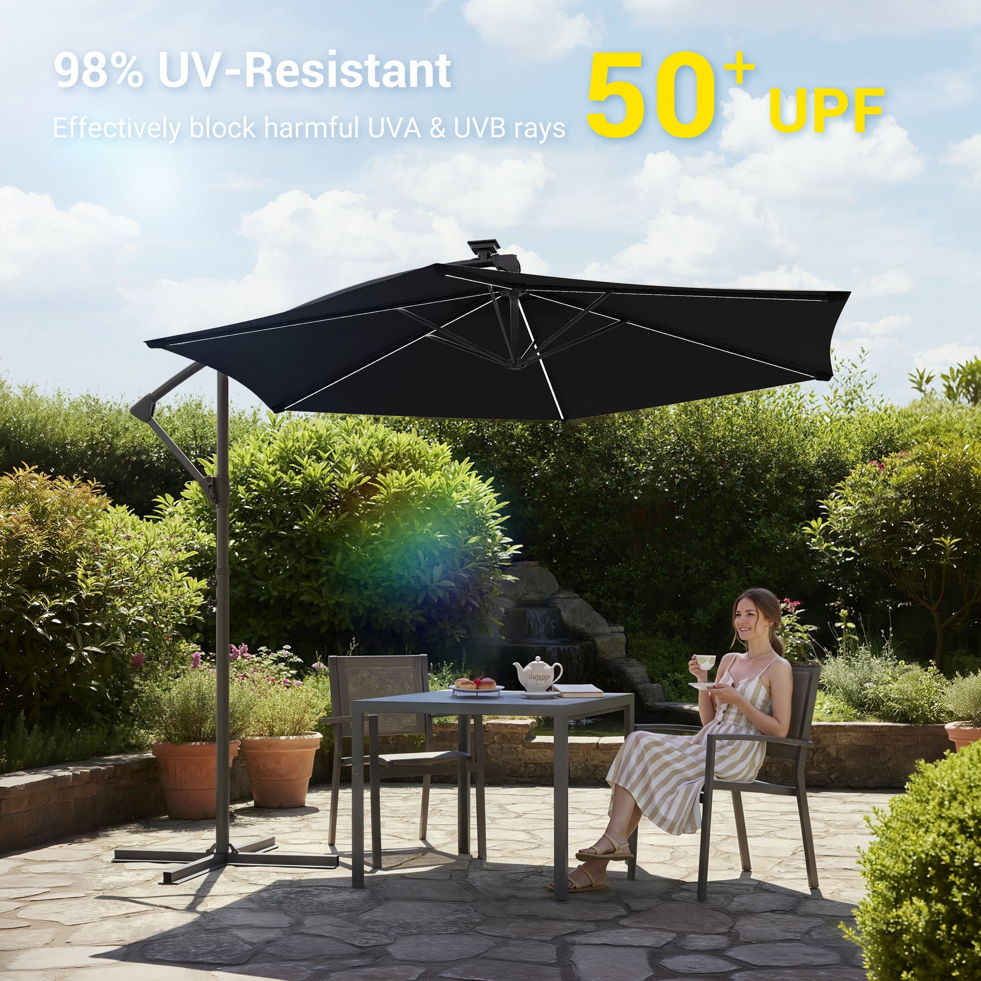 Sonkuki 10ft Patio Offset Umbrella with Solar Light Strips, Foldable Crank & Safety Lock, Outdoor Cantilever Hanging Umbrella, Fade Resistant Fabric, for Pool, Deck, Garden - Sonkuki