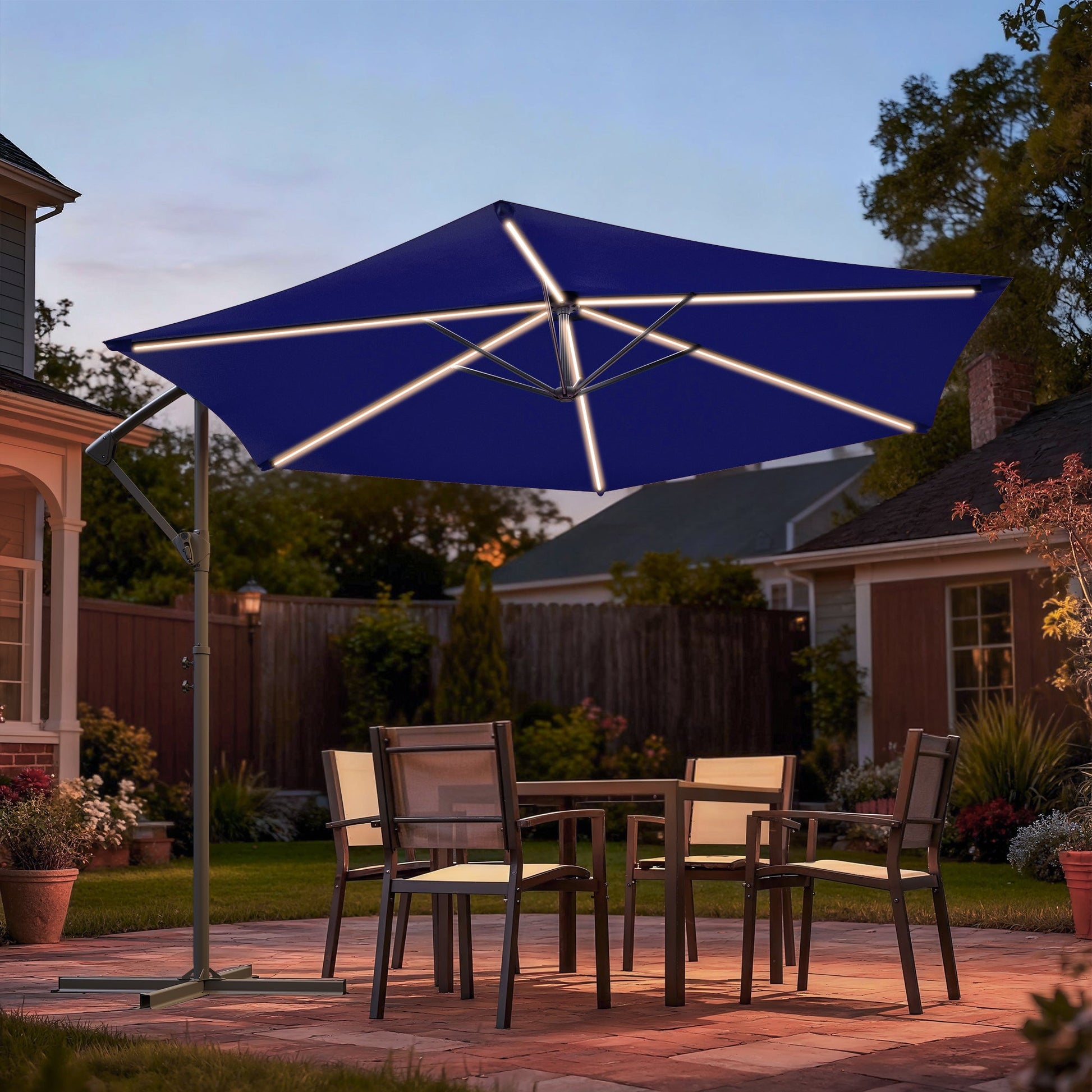 Sonkuki 10ft Patio Offset Umbrella with Solar Light Strips, Foldable Crank & Safety Lock, Outdoor Cantilever Hanging Umbrella, Fade Resistant Fabric, for Pool, Deck, Garden - Sonkuki