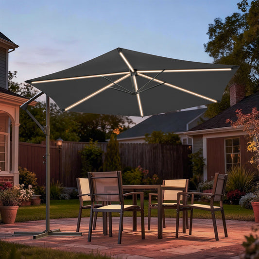 Sonkuki 10ft Patio Offset Umbrella with Solar Light Strips, Foldable Crank & Safety Lock, Outdoor Cantilever Hanging Umbrella, Fade Resistant Fabric, for Pool, Deck, Garden - Sonkuki