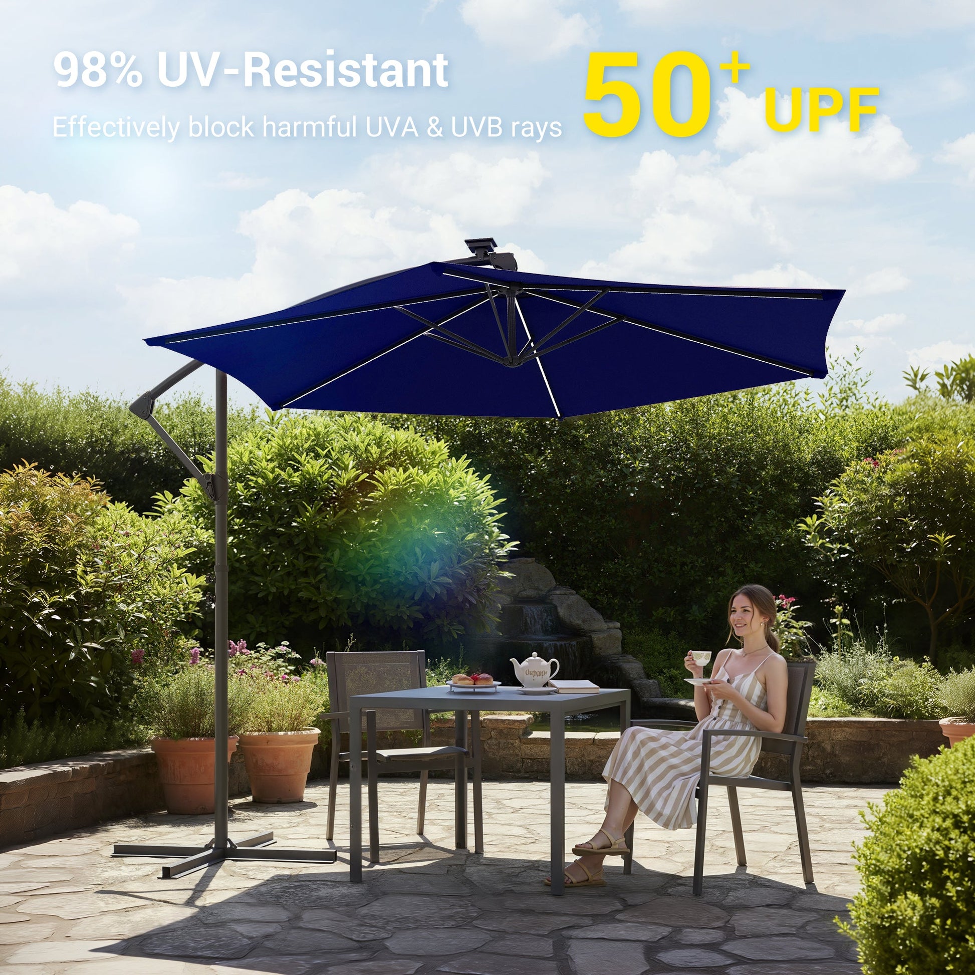 Sonkuki 10ft Patio Offset Umbrella with Solar Light Strips, Foldable Crank & Safety Lock, Outdoor Cantilever Hanging Umbrella, Fade Resistant Fabric, for Pool, Deck, Garden - Sonkuki