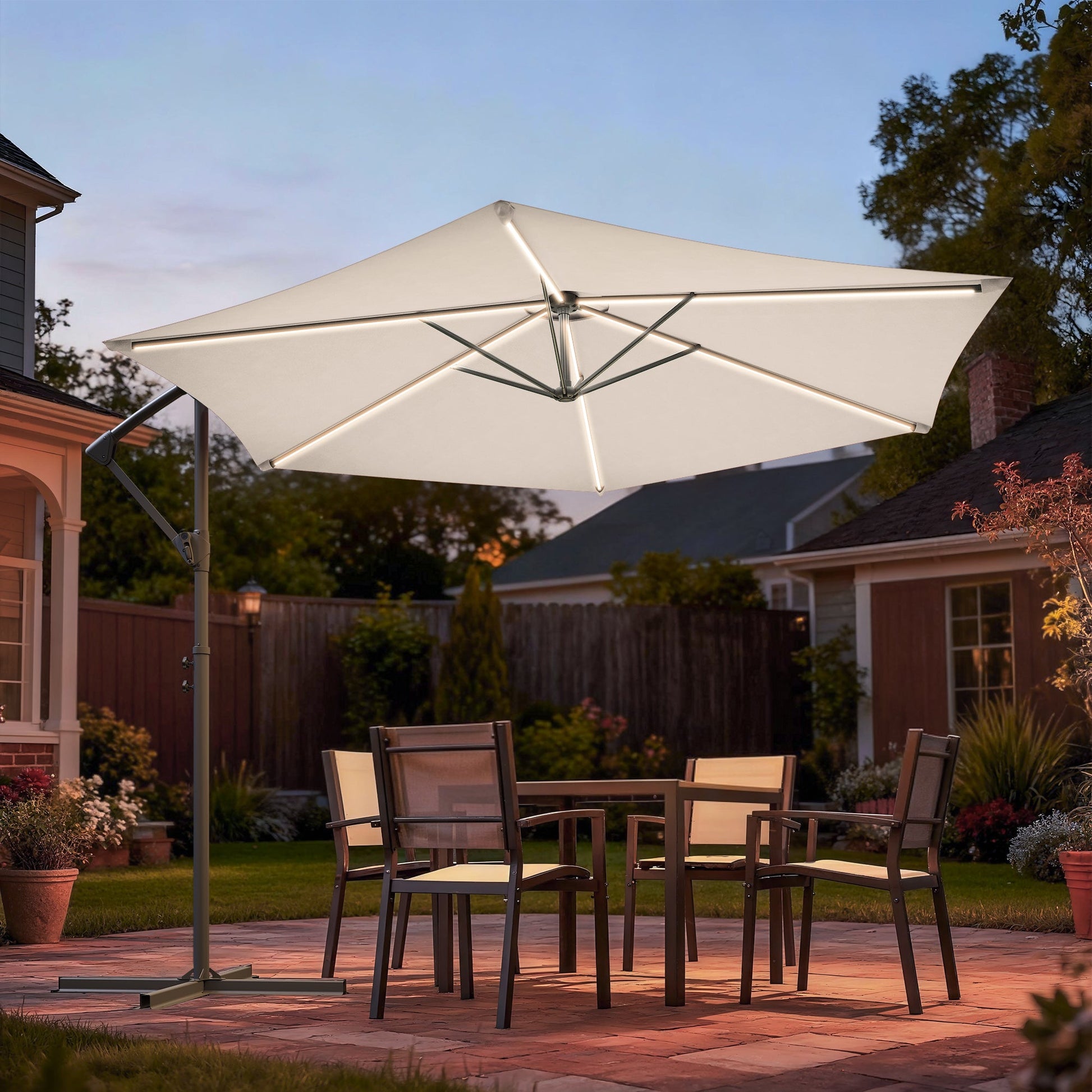 Sonkuki 10ft Patio Offset Umbrella with Solar Light Strips, Foldable Crank & Safety Lock, Outdoor Cantilever Hanging Umbrella, Fade Resistant Fabric, for Pool, Deck, Garden - Sonkuki