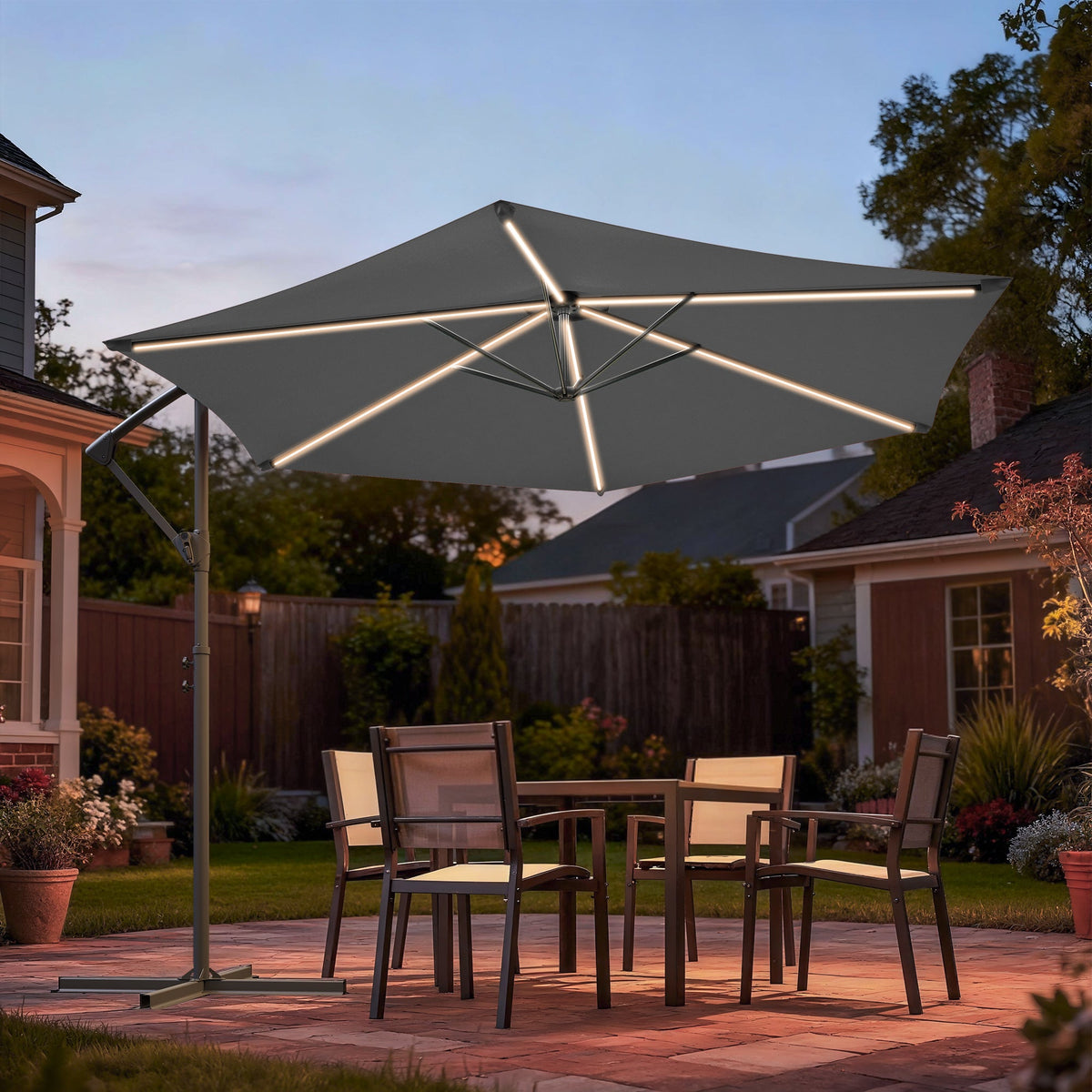 Sonkuki 10ft Patio Offset Umbrella with Solar Light Strips, Foldable Crank & Safety Lock, Outdoor Cantilever Hanging Umbrella, Fade Resistant Fabric, for Pool, Deck, Garden - Sonkuki