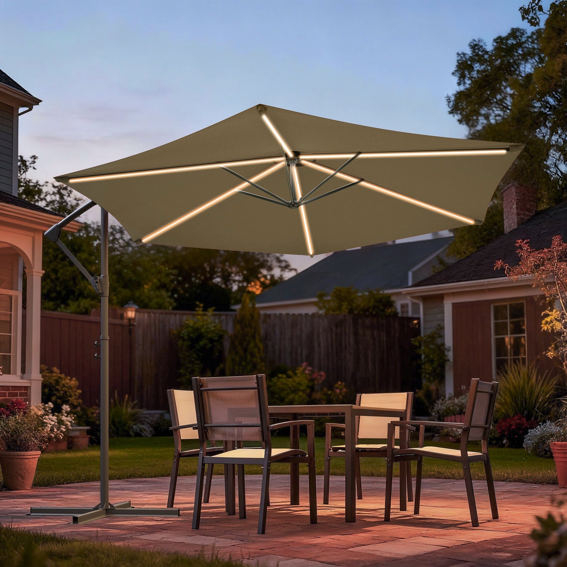Sonkuki 10ft Patio Offset Umbrella with Solar Light Strips, Foldable Crank & Safety Lock, Outdoor Cantilever Hanging Umbrella, Fade Resistant Fabric, for Pool, Deck, Garden - Sonkuki