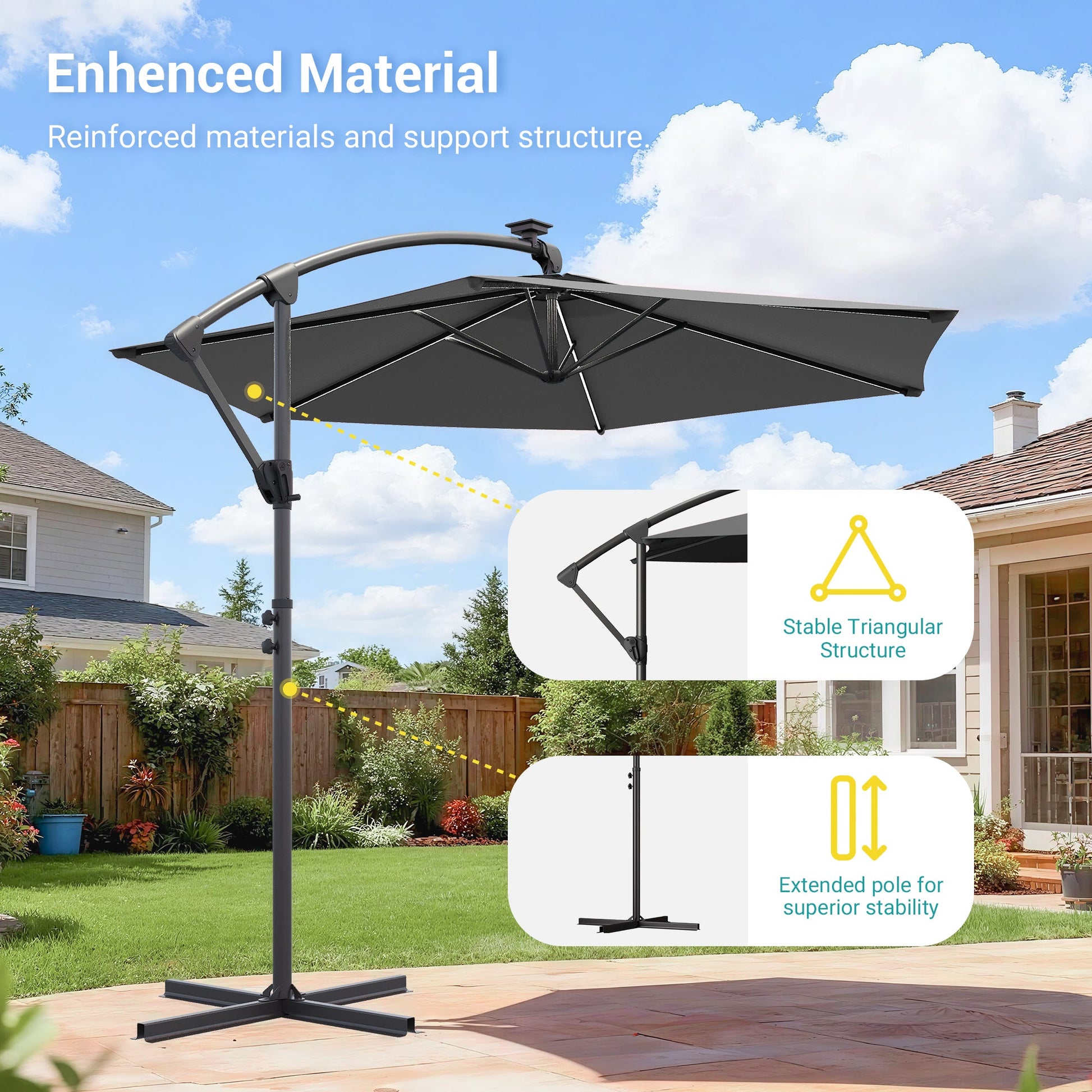 Sonkuki 10ft Patio Offset Umbrella with Solar Light Strips, Foldable Crank & Safety Lock, Outdoor Cantilever Hanging Umbrella, Fade Resistant Fabric, for Pool, Deck, Garden - Sonkuki