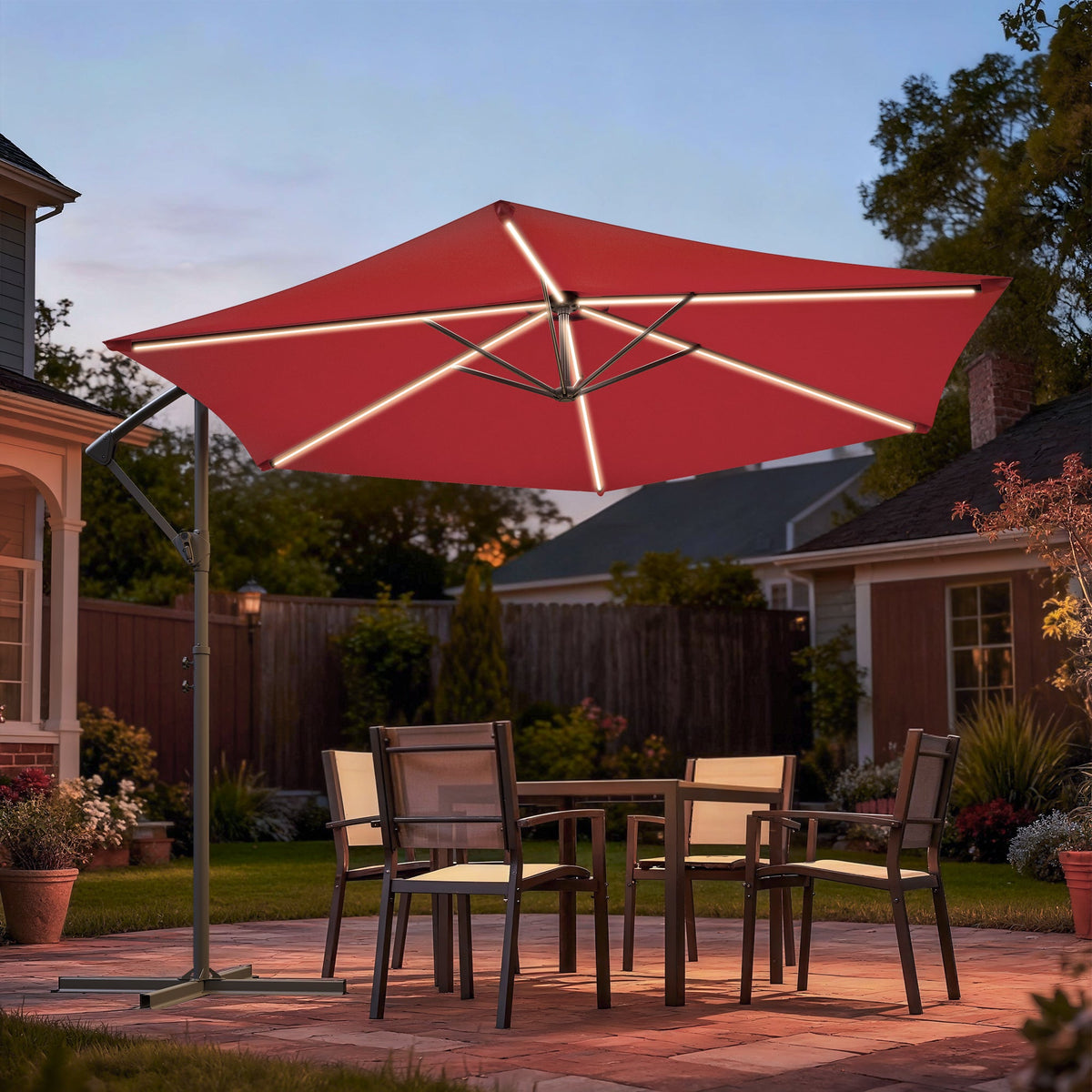 Sonkuki 10ft Patio Offset Umbrella with Solar Light Strips, Foldable Crank & Safety Lock, Outdoor Cantilever Hanging Umbrella, Fade Resistant Fabric, for Pool, Deck, Garden - Sonkuki