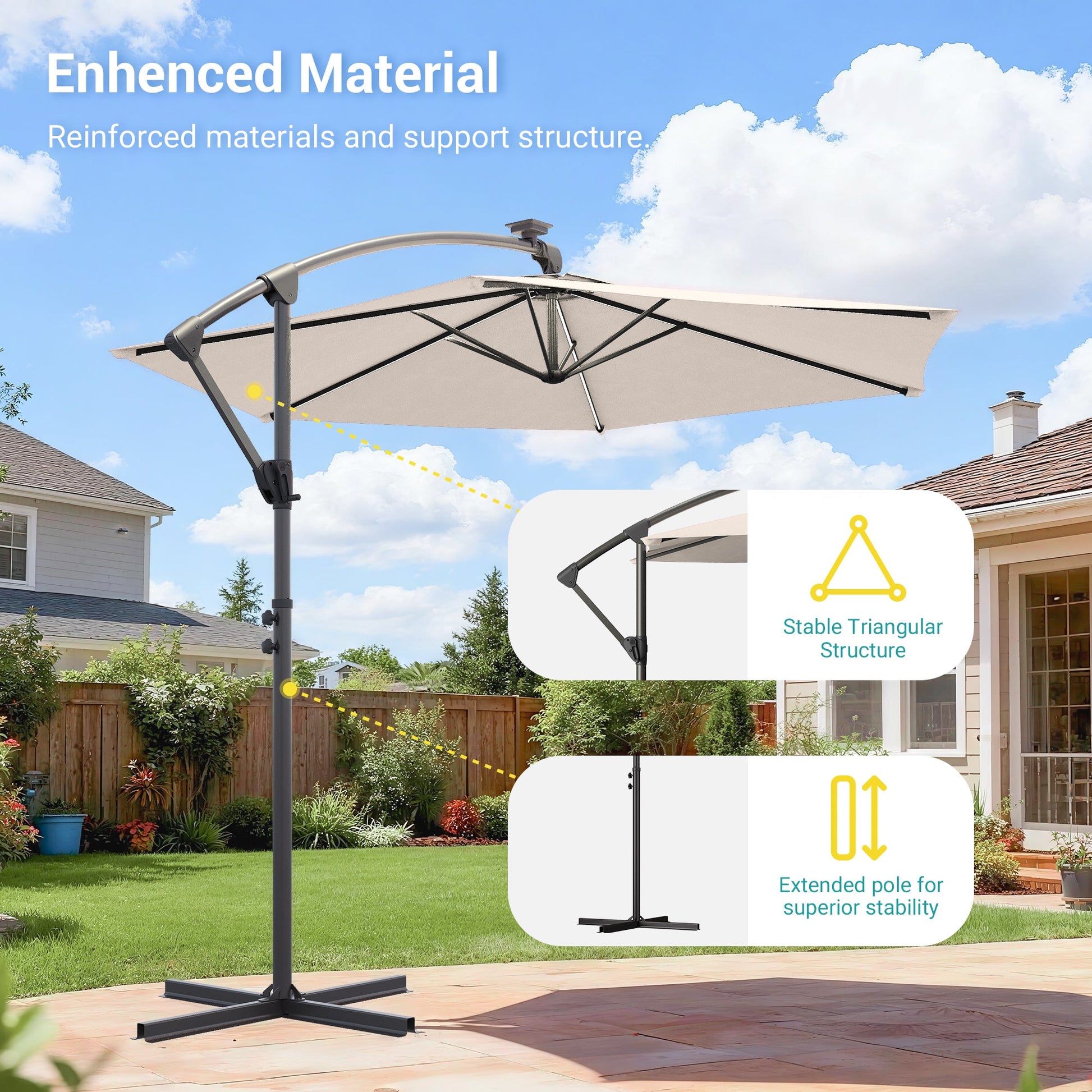 Sonkuki 10ft Patio Offset Umbrella with Solar Light Strips, Foldable Crank & Safety Lock, Outdoor Cantilever Hanging Umbrella, Fade Resistant Fabric, for Pool, Deck, Garden - Sonkuki