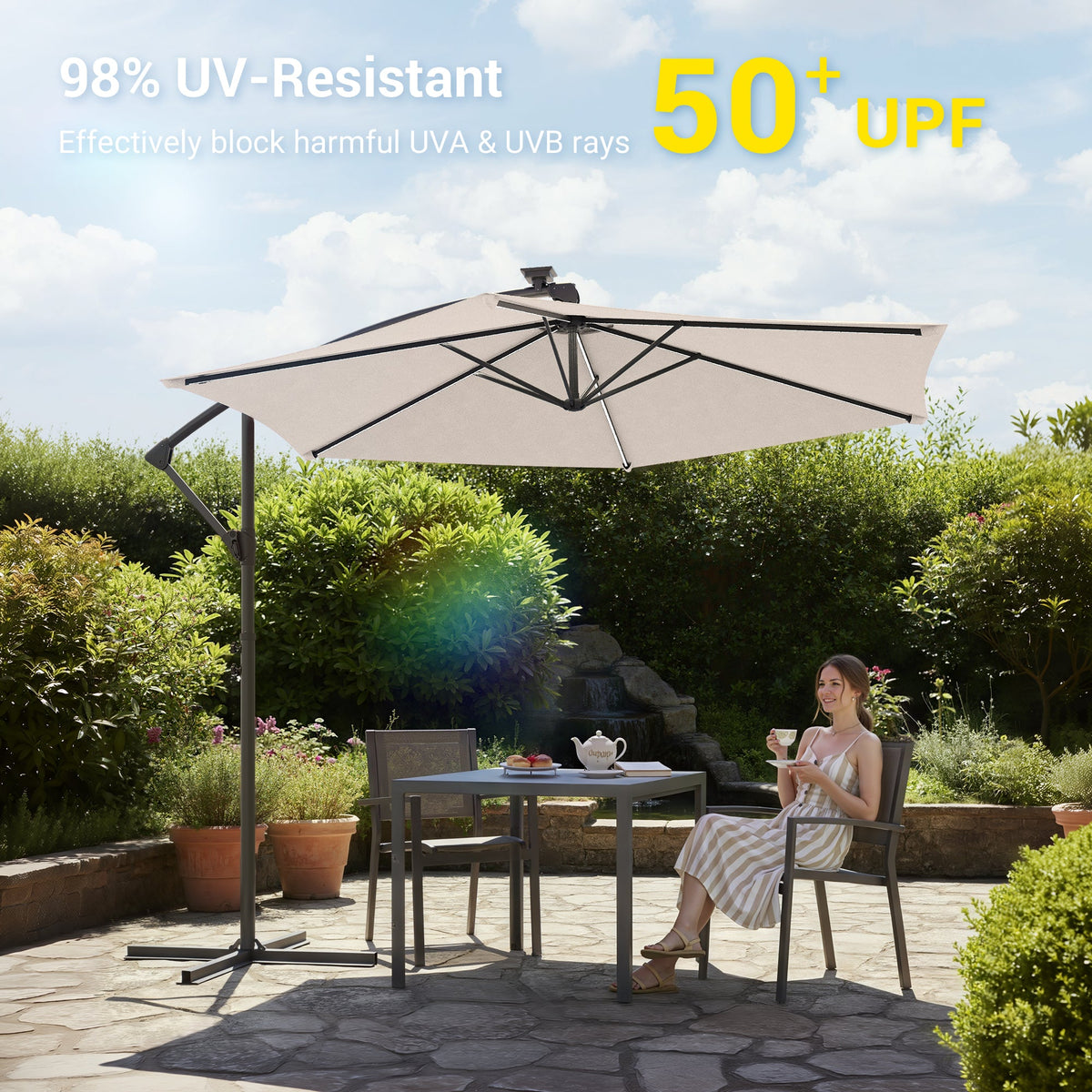 Sonkuki 10ft Patio Offset Umbrella with Solar Light Strips, Foldable Crank & Safety Lock, Outdoor Cantilever Hanging Umbrella, Fade Resistant Fabric, for Pool, Deck, Garden - Sonkuki