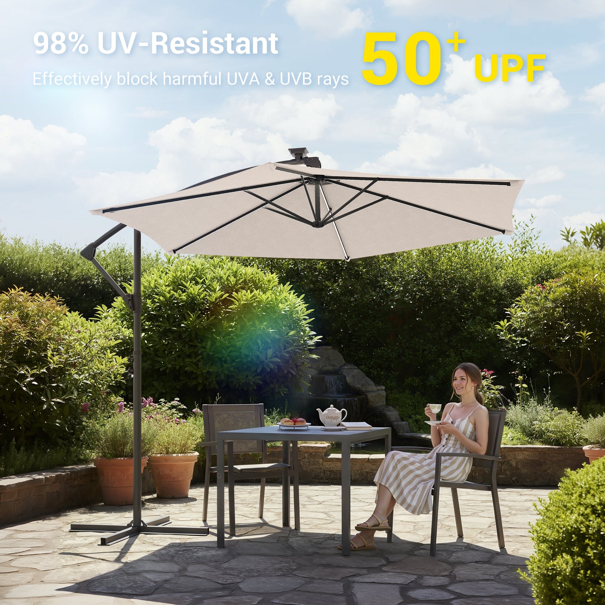 Sonkuki 10ft Patio Offset Umbrella with Solar Light Strips, Foldable Crank & Safety Lock, Outdoor Cantilever Hanging Umbrella, Fade Resistant Fabric, for Pool, Deck, Garden - Sonkuki