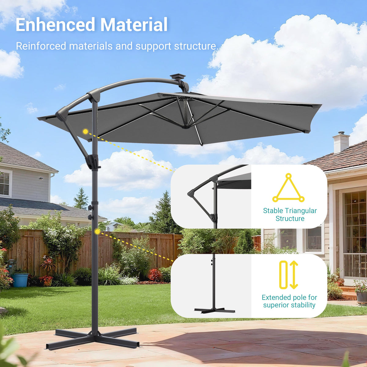 Sonkuki 10ft Patio Offset Umbrella with Solar Light Strips, Foldable Crank & Safety Lock, Outdoor Cantilever Hanging Umbrella, Fade Resistant Fabric, for Pool, Deck, Garden - Sonkuki