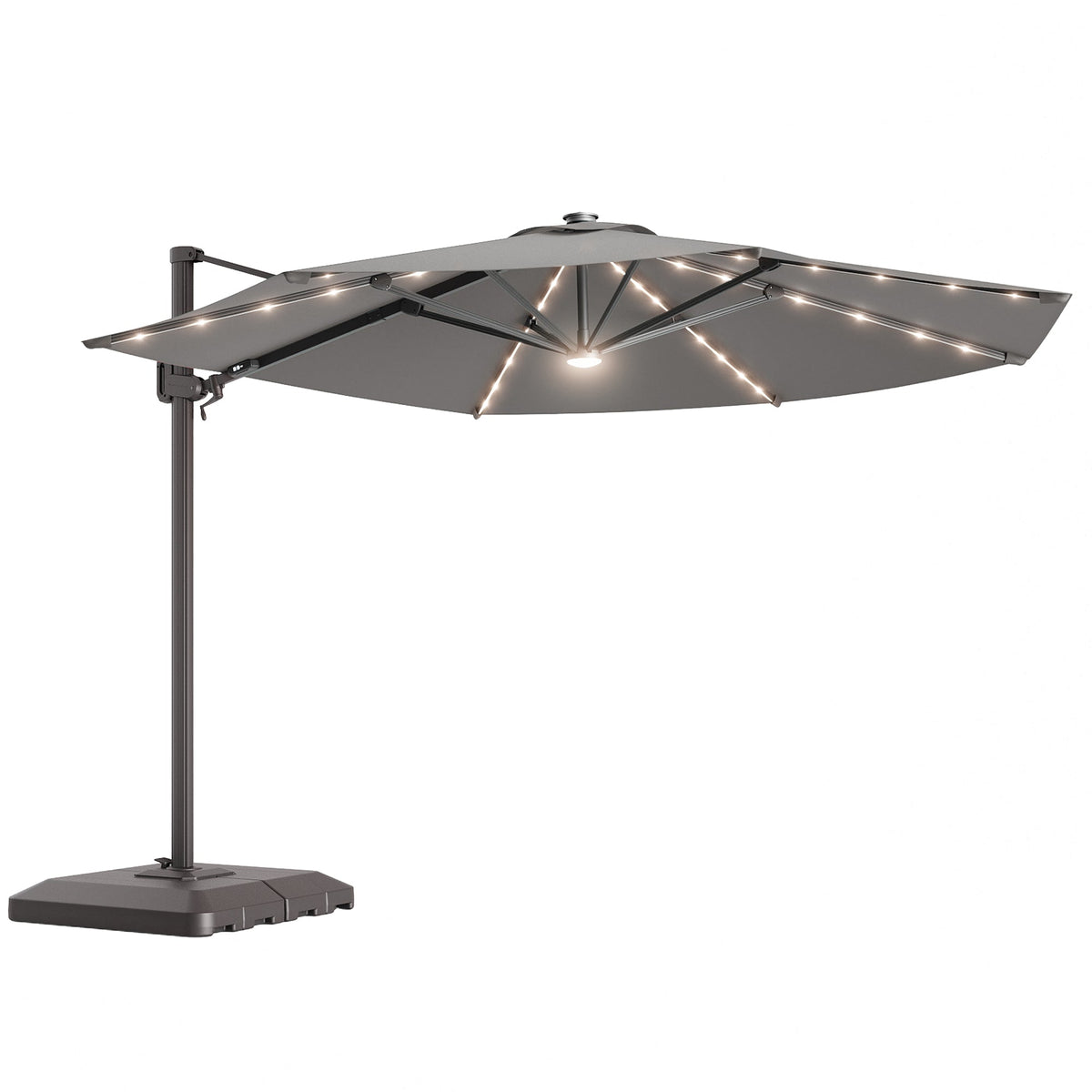 Sonkuki 11FT Aluminum Cantilever LED Umbrella Outdoor Offset Umbrella with Detachable Power Bank and 360 Degree Rotation LED Umbrella, Crank Handle and Solar Panel, Base Included - Sonkuki