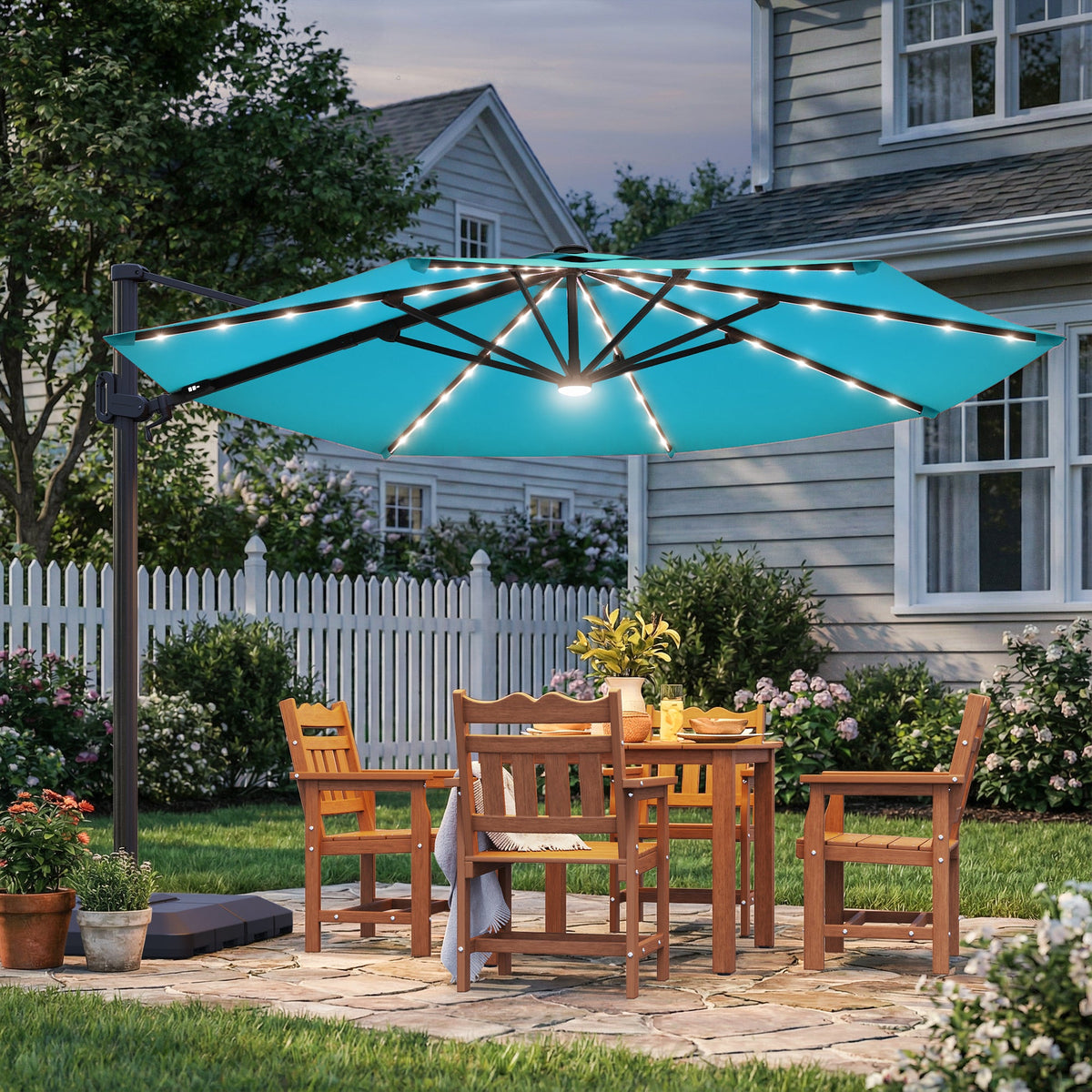 Sonkuki 11FT Aluminum Cantilever LED Umbrella Outdoor Offset Umbrella with Detachable Power Bank and 360 Degree Rotation LED Umbrella, Crank Handle and Solar Panel, Base Included - Sonkuki