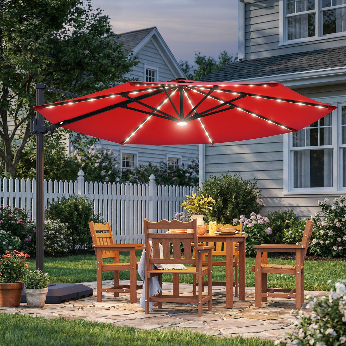 Sonkuki 11FT Aluminum Cantilever LED Umbrella Outdoor Offset Umbrella with Detachable Power Bank and 360 Degree Rotation LED Umbrella, Crank Handle and Solar Panel, Base Included - Sonkuki
