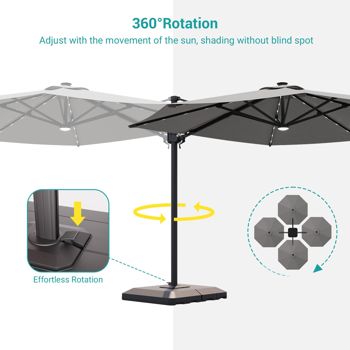 Sonkuki 11FT Aluminum Cantilever LED Umbrella Outdoor Offset Umbrella with Detachable Power Bank and 360 Degree Rotation LED Umbrella, Crank Handle and Solar Panel, Base Included - Sonkuki
