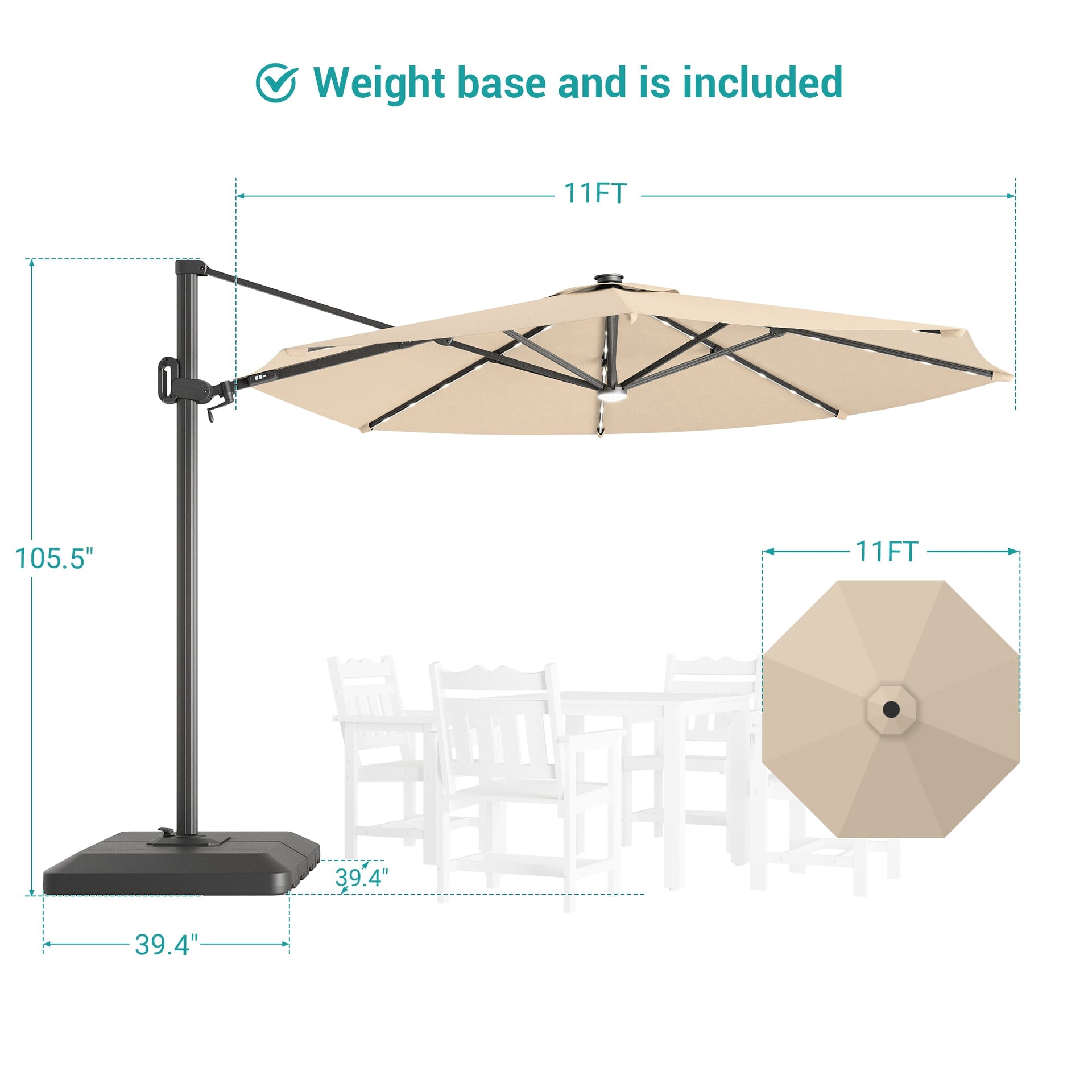 11ft LED Cantilever Umbrella with Solar Panel