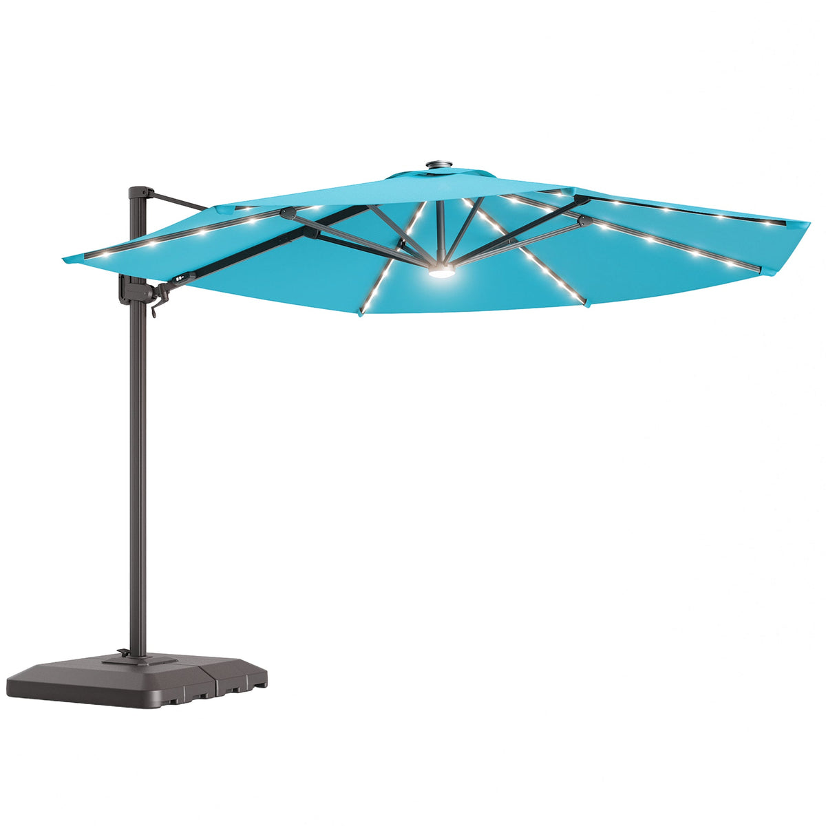 Sonkuki 11FT Aluminum Cantilever LED Umbrella Outdoor Offset Umbrella with Detachable Power Bank and 360 Degree Rotation LED Umbrella, Crank Handle and Solar Panel, Base Included - Sonkuki