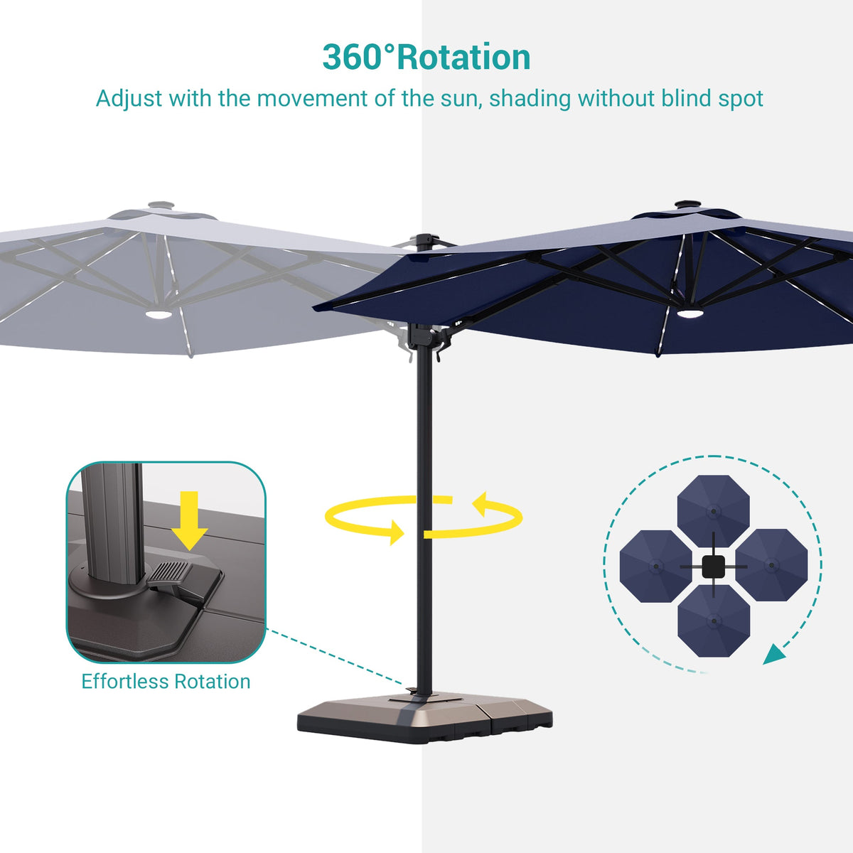 Sonkuki 11FT Aluminum Cantilever LED Umbrella Outdoor Offset Umbrella with Detachable Power Bank and 360 Degree Rotation LED Umbrella, Crank Handle and Solar Panel, Base Included - Sonkuki