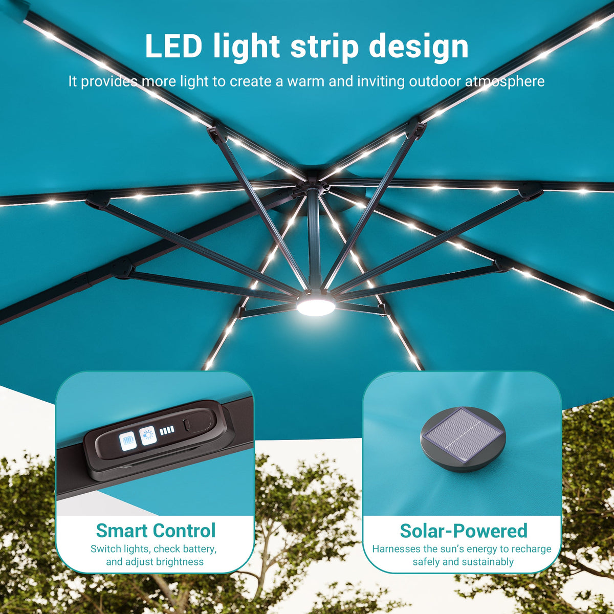Sonkuki 11FT Aluminum Cantilever LED Umbrella Outdoor Offset Umbrella with Detachable Power Bank and 360 Degree Rotation LED Umbrella, Crank Handle and Solar Panel, Base Included - Sonkuki