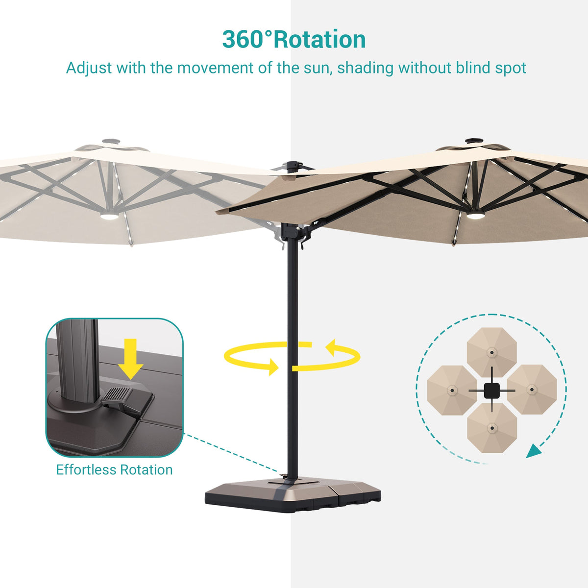 Sonkuki 11FT Aluminum Cantilever LED Umbrella Outdoor Offset Umbrella with Detachable Power Bank and 360 Degree Rotation LED Umbrella, Crank Handle and Solar Panel, Base Included - Sonkuki