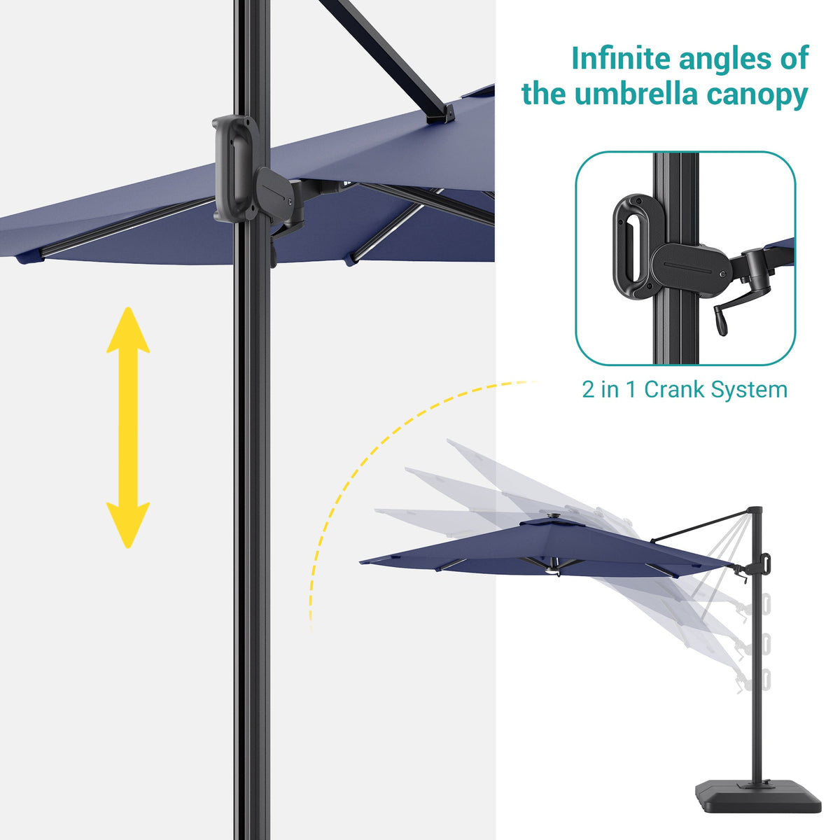 Sonkuki 11FT Aluminum Cantilever LED Umbrella Outdoor Offset Umbrella with Detachable Power Bank and 360 Degree Rotation LED Umbrella, Crank Handle and Solar Panel, Base Included - Sonkuki