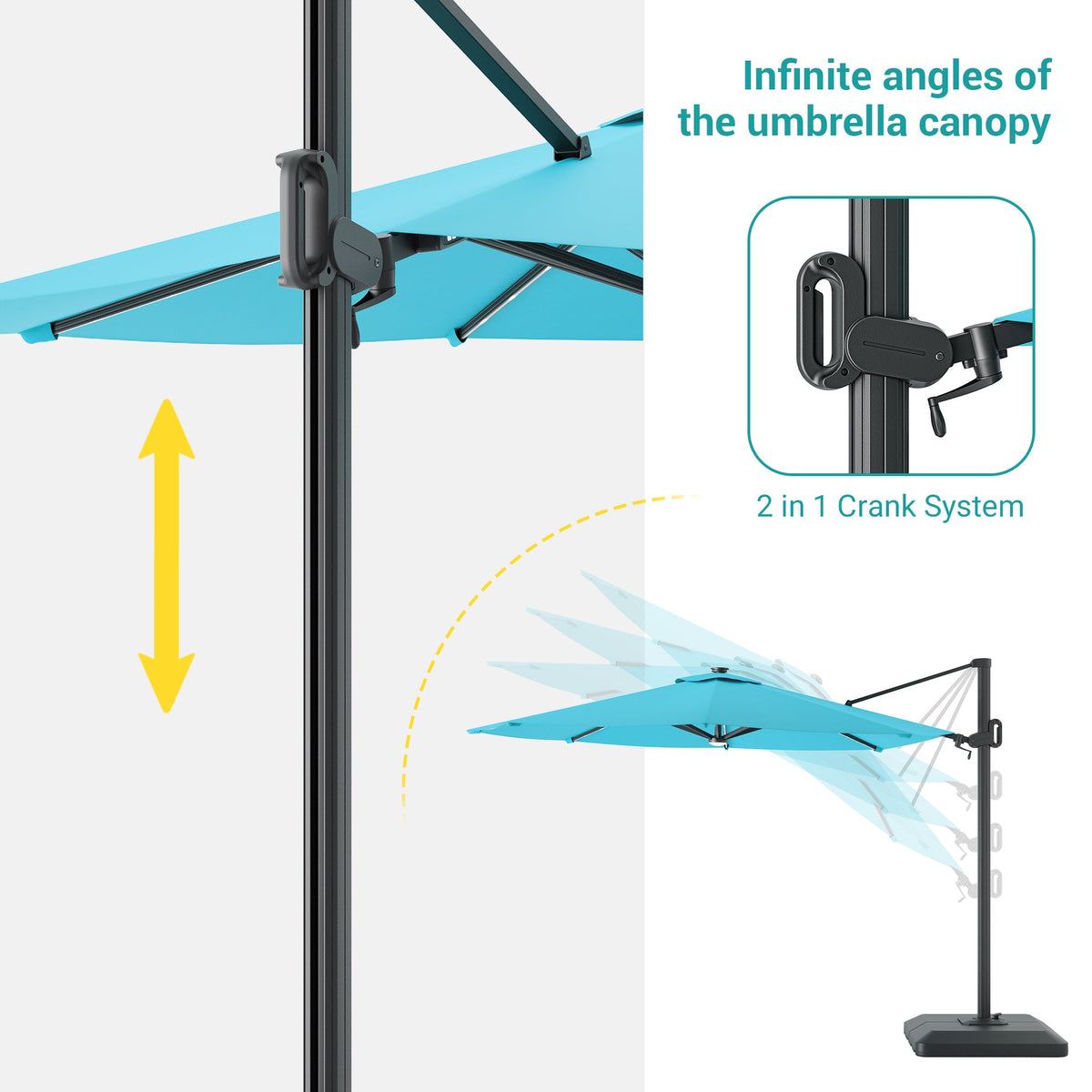 Sonkuki 11FT Aluminum Cantilever LED Umbrella Outdoor Offset Umbrella with Detachable Power Bank and 360 Degree Rotation LED Umbrella, Crank Handle and Solar Panel, Base Included - Sonkuki