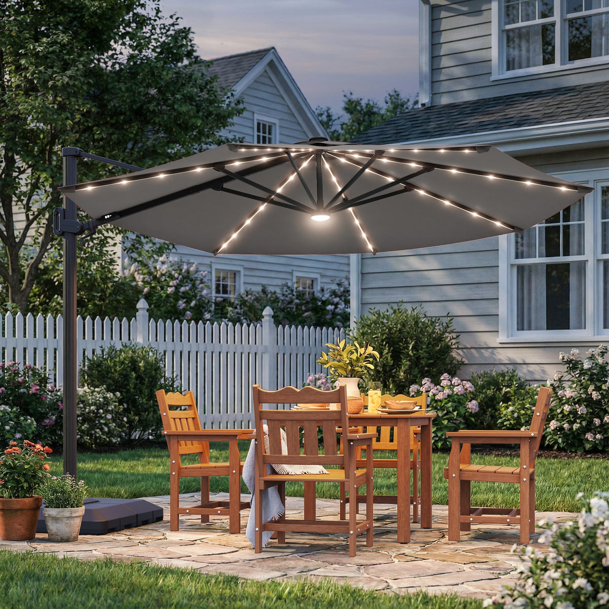 Sonkuki 11FT Aluminum Cantilever LED Umbrella Outdoor Offset Umbrella with Detachable Power Bank and 360 Degree Rotation LED Umbrella, Crank Handle and Solar Panel, Base Included - Sonkuki