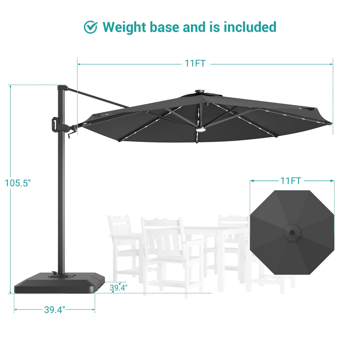 Sonkuki 11FT Aluminum Cantilever LED Umbrella Outdoor Offset Umbrella with Detachable Power Bank and 360 Degree Rotation LED Umbrella, Crank Handle and Solar Panel, Base Included - Sonkuki
