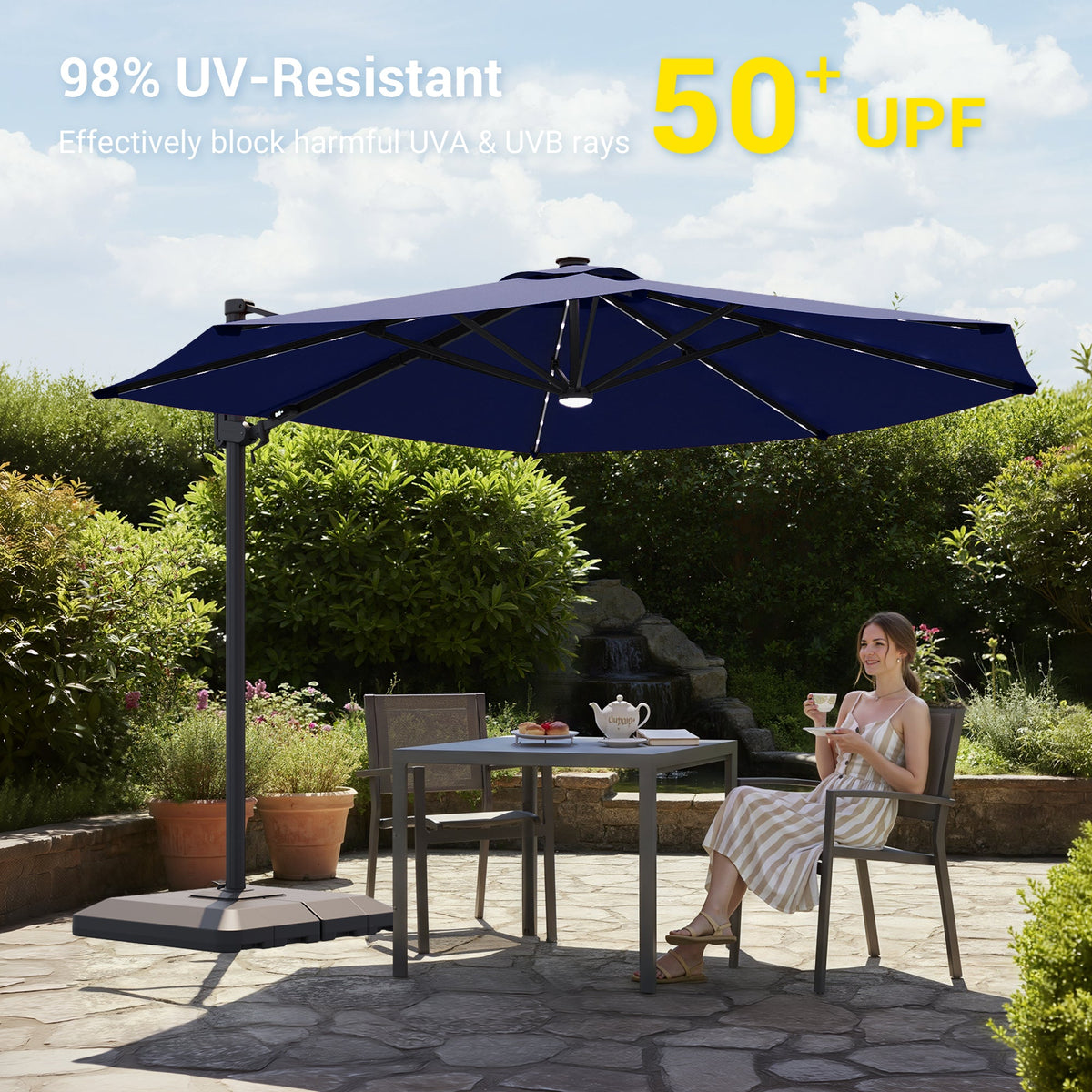 Sonkuki 11FT Aluminum Cantilever LED Umbrella Outdoor Offset Umbrella with Detachable Power Bank and 360 Degree Rotation LED Umbrella, Crank Handle and Solar Panel, Base Included - Sonkuki