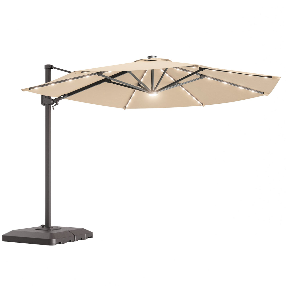 Sonkuki 11FT Aluminum Cantilever LED Umbrella Outdoor Offset Umbrella with Detachable Power Bank and 360 Degree Rotation LED Umbrella, Crank Handle and Solar Panel, Base Included - Sonkuki