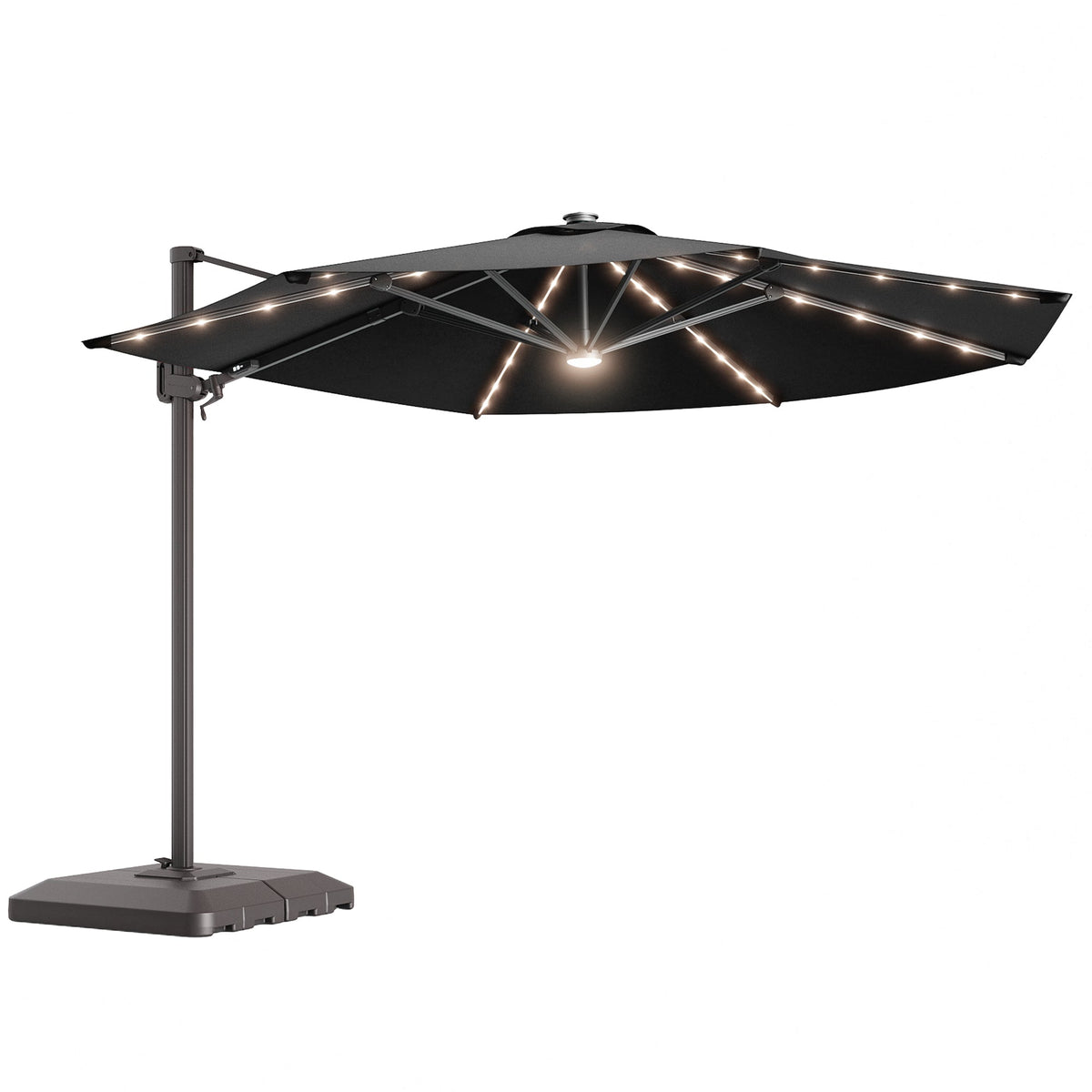 Sonkuki 11FT Aluminum Cantilever LED Umbrella Outdoor Offset Umbrella with Detachable Power Bank and 360 Degree Rotation LED Umbrella, Crank Handle and Solar Panel, Base Included - Sonkuki