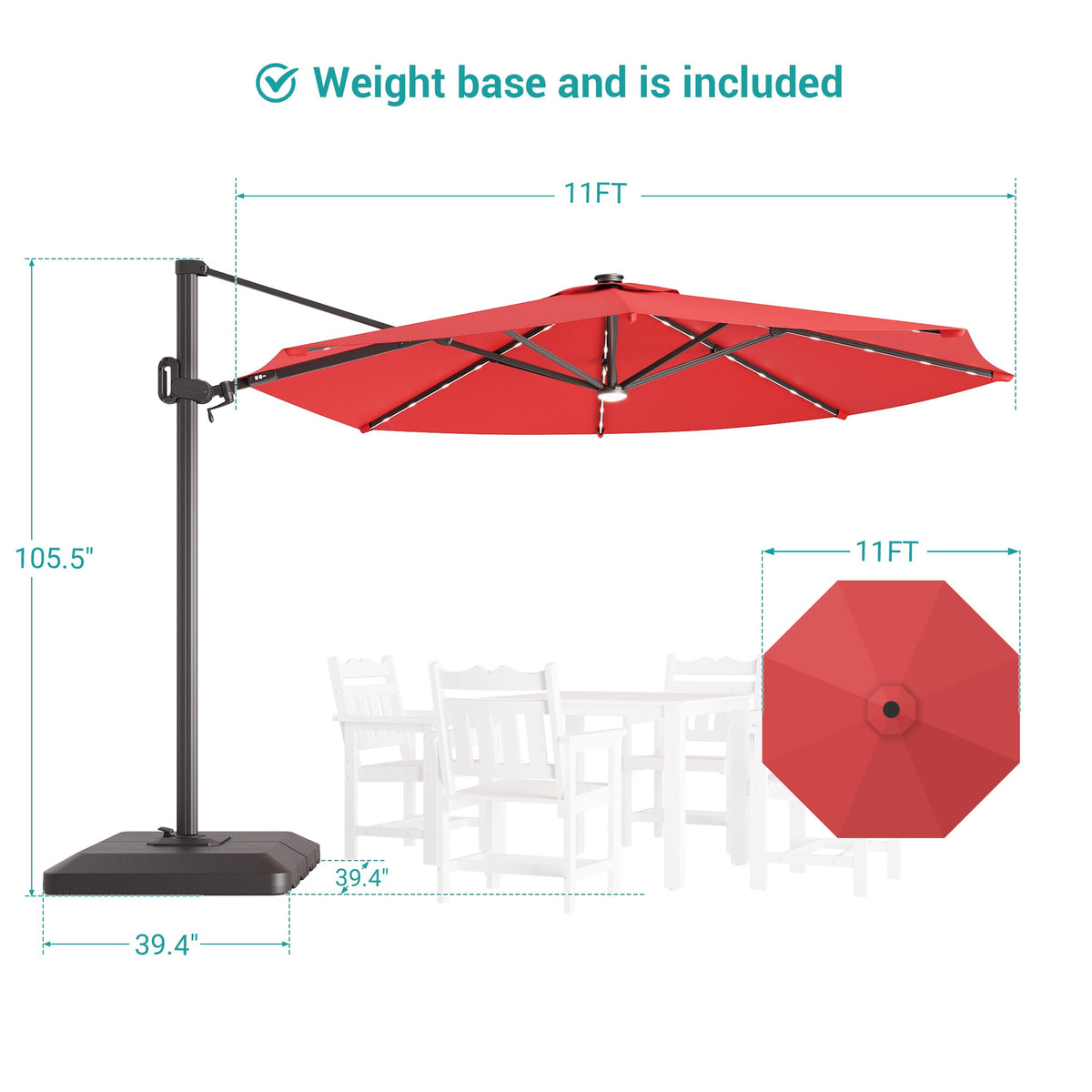 Sonkuki 11FT Aluminum Cantilever LED Umbrella Outdoor Offset Umbrella with Detachable Power Bank and 360 Degree Rotation LED Umbrella, Crank Handle and Solar Panel, Base Included - Sonkuki