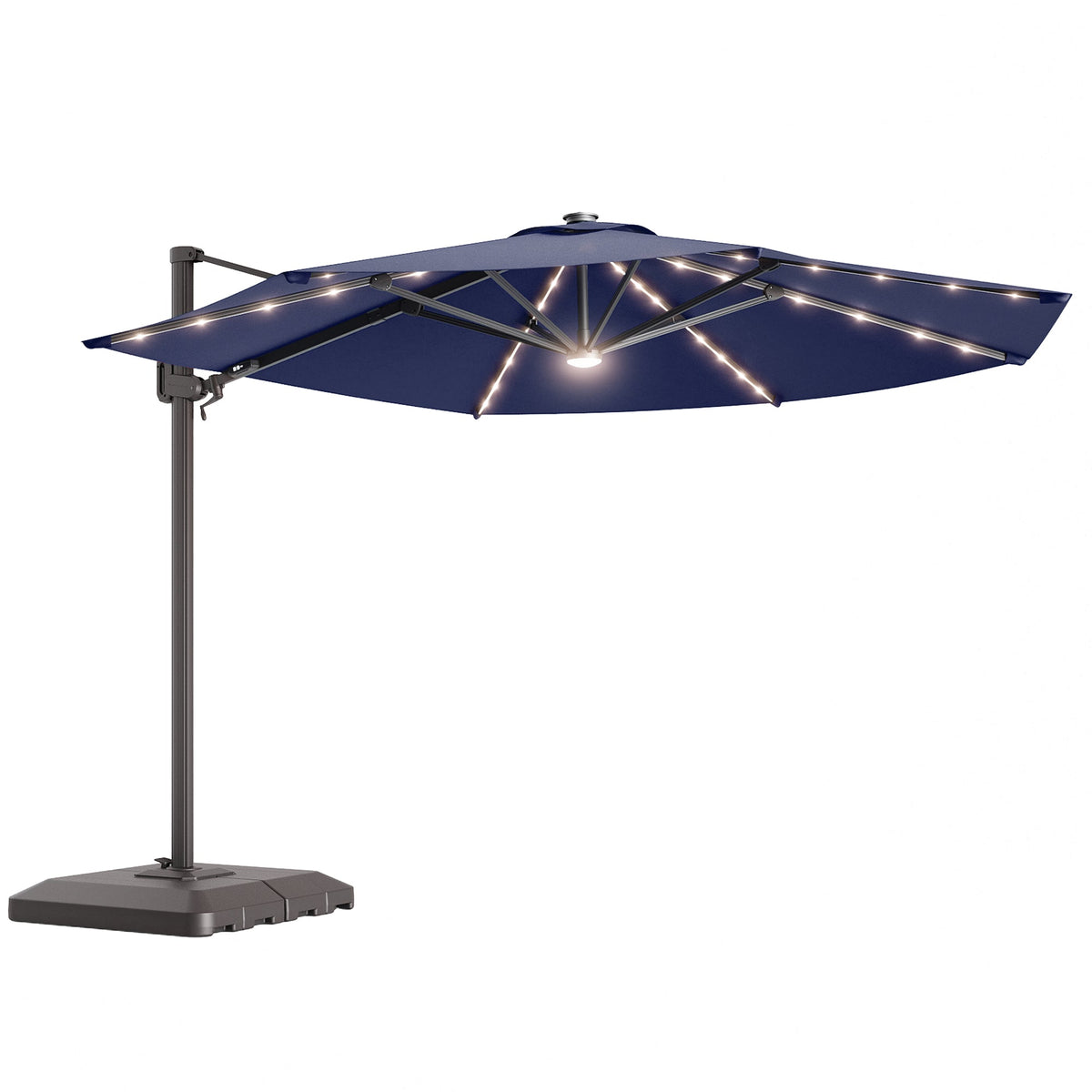 Sonkuki 11FT Aluminum Cantilever LED Umbrella Outdoor Offset Umbrella with Detachable Power Bank and 360 Degree Rotation LED Umbrella, Crank Handle and Solar Panel, Base Included - Sonkuki