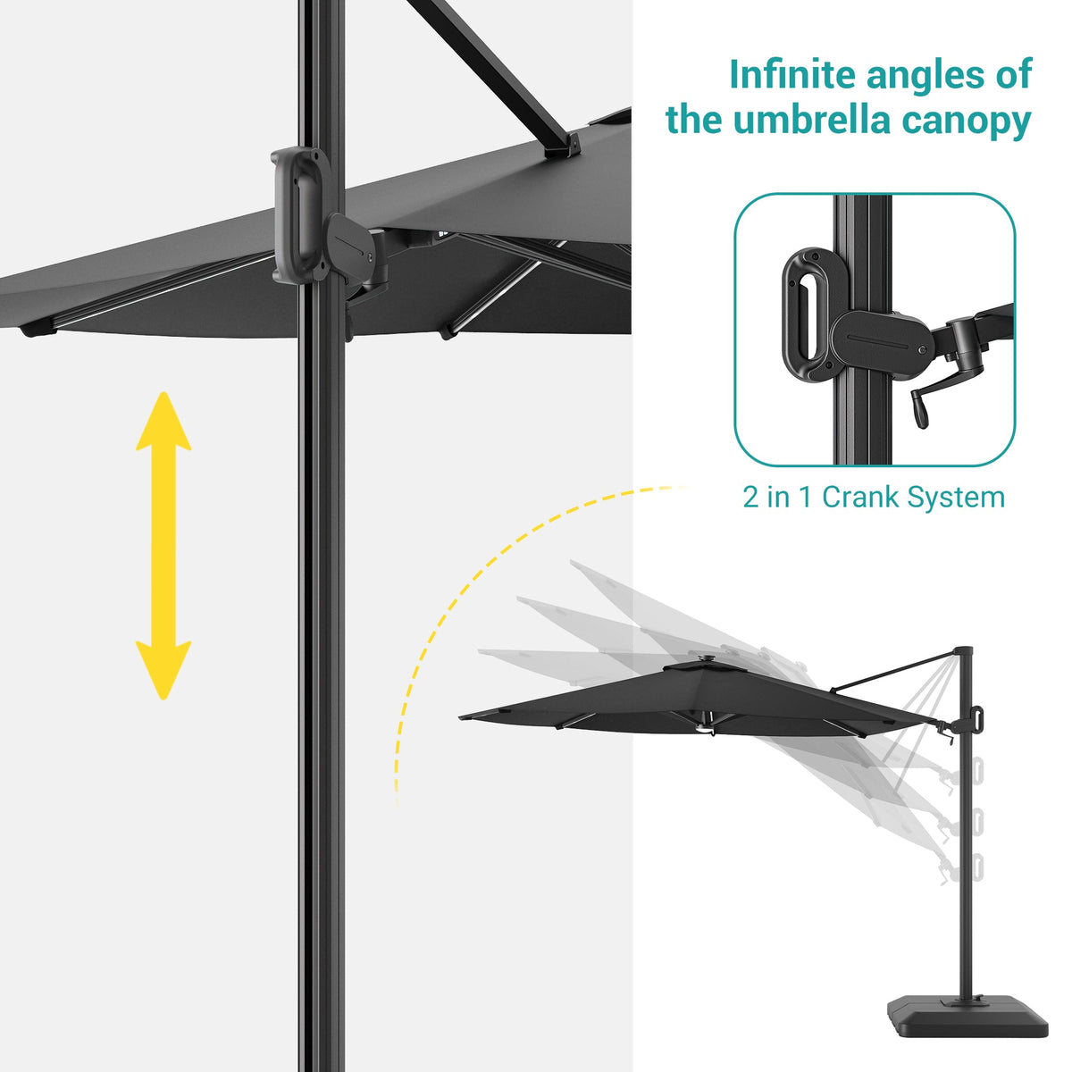 Sonkuki 11FT Aluminum Cantilever LED Umbrella Outdoor Offset Umbrella with Detachable Power Bank and 360 Degree Rotation LED Umbrella, Crank Handle and Solar Panel, Base Included - Sonkuki