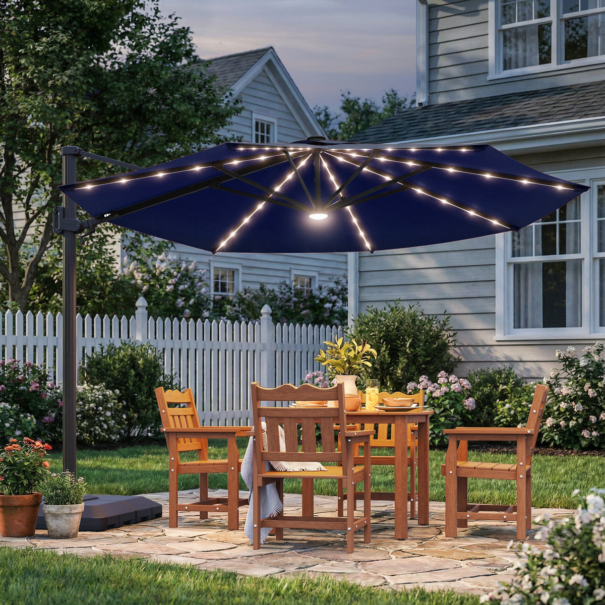 Sonkuki 11FT Aluminum Cantilever LED Umbrella Outdoor Offset Umbrella with Detachable Power Bank and 360 Degree Rotation LED Umbrella, Crank Handle and Solar Panel, Base Included - Sonkuki