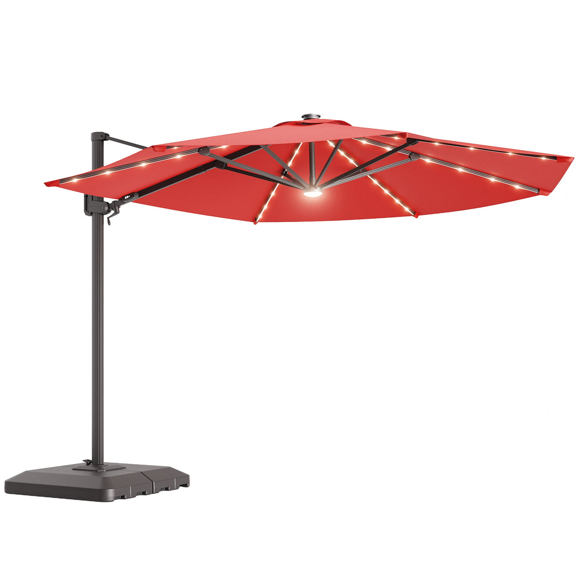 Sonkuki 11FT Aluminum Cantilever LED Umbrella Outdoor Offset Umbrella with Detachable Power Bank and 360 Degree Rotation LED Umbrella, Crank Handle and Solar Panel, Base Included - Sonkuki