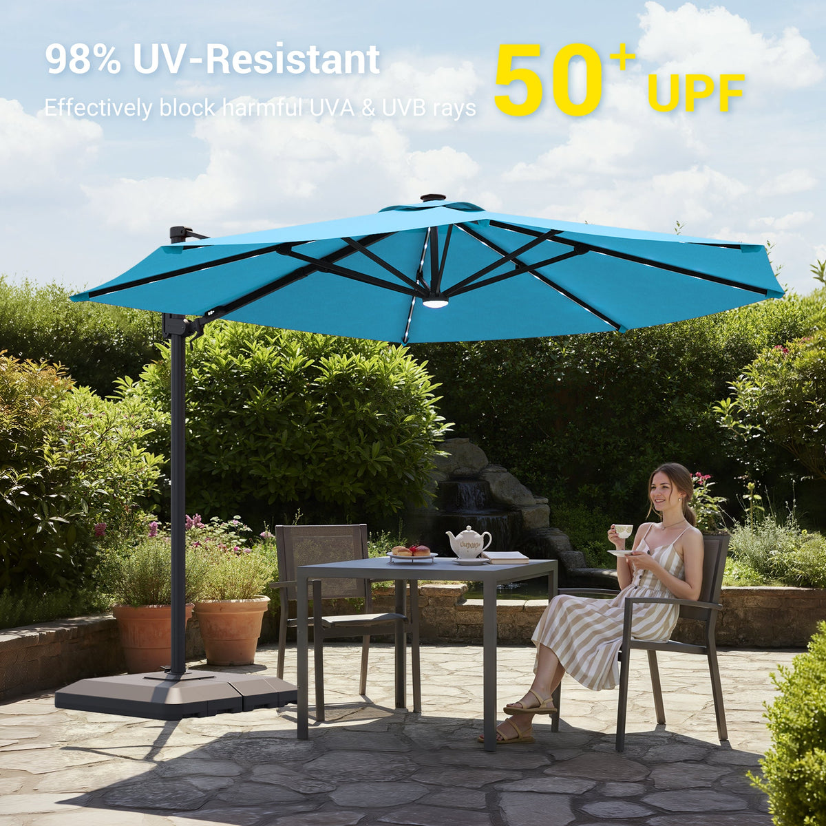 Sonkuki 11FT Aluminum Cantilever LED Umbrella Outdoor Offset Umbrella with Detachable Power Bank and 360 Degree Rotation LED Umbrella, Crank Handle and Solar Panel, Base Included - Sonkuki