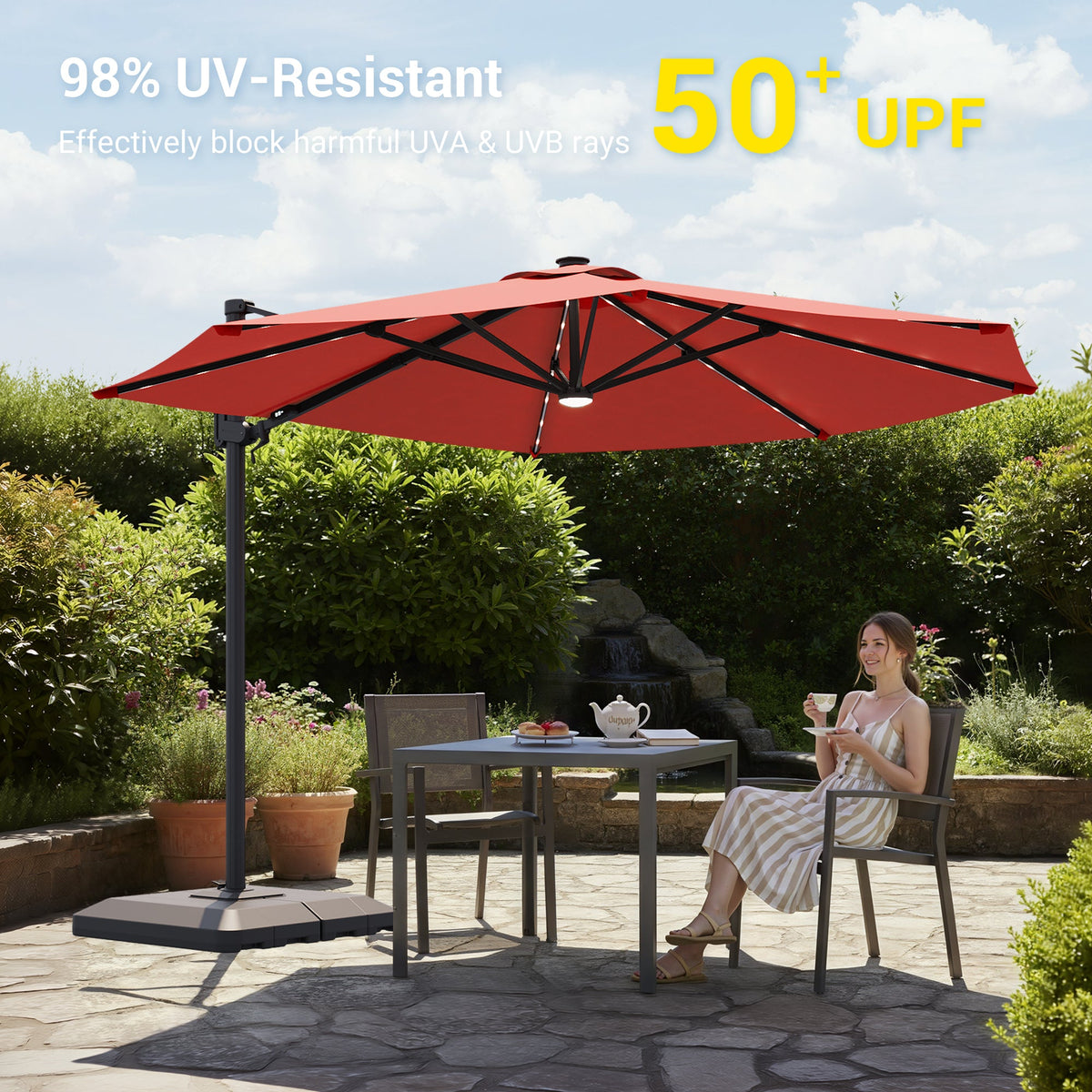 Sonkuki 11FT Aluminum Cantilever LED Umbrella Outdoor Offset Umbrella with Detachable Power Bank and 360 Degree Rotation LED Umbrella, Crank Handle and Solar Panel, Base Included - Sonkuki