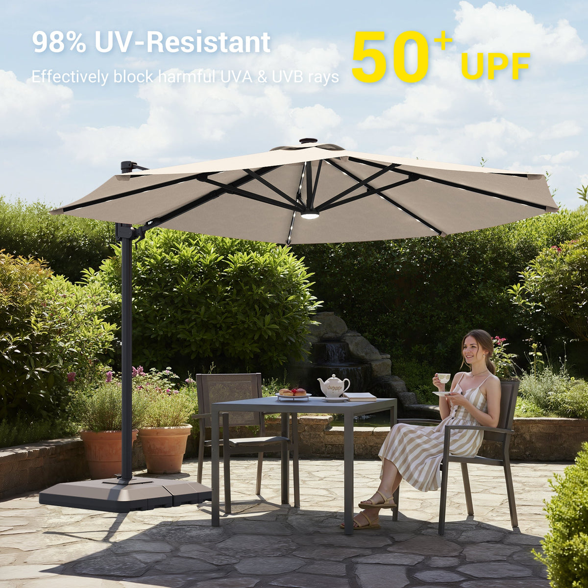 Sonkuki 11FT Aluminum Cantilever LED Umbrella Outdoor Offset Umbrella with Detachable Power Bank and 360 Degree Rotation LED Umbrella, Crank Handle and Solar Panel, Base Included - Sonkuki