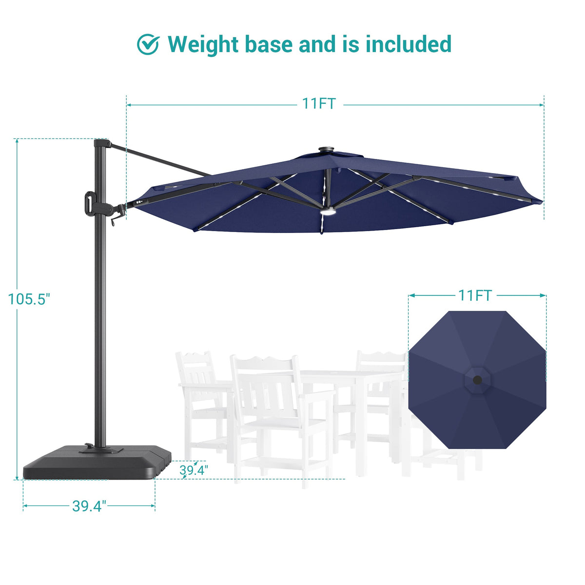 Sonkuki 11FT Aluminum Cantilever LED Umbrella Outdoor Offset Umbrella with Detachable Power Bank and 360 Degree Rotation LED Umbrella, Crank Handle and Solar Panel, Base Included - Sonkuki