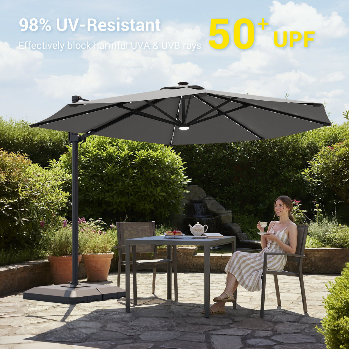 Sonkuki 11FT Aluminum Cantilever LED Umbrella Outdoor Offset Umbrella with Detachable Power Bank and 360 Degree Rotation LED Umbrella, Crank Handle and Solar Panel, Base Included - Sonkuki