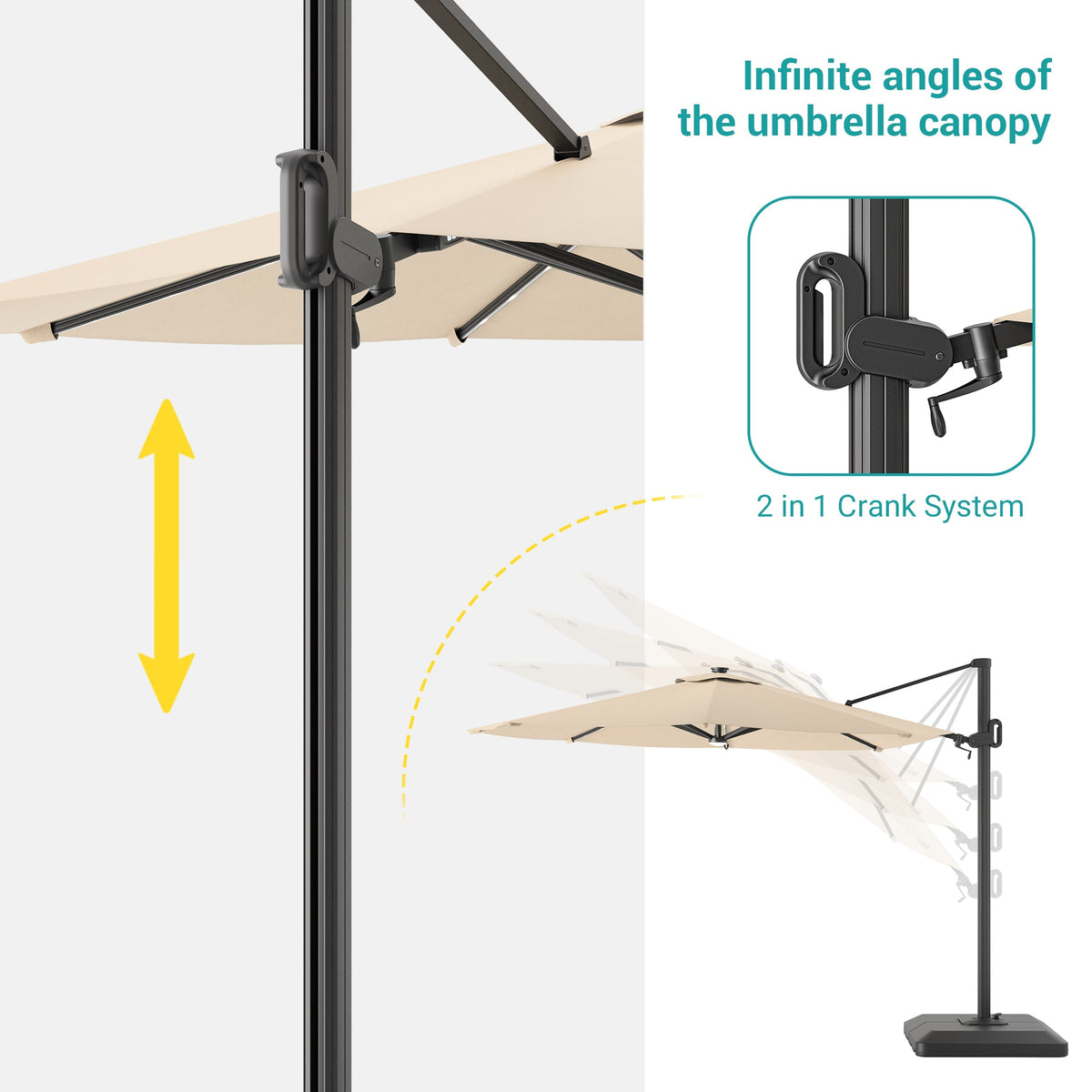 Sonkuki 11FT Aluminum Cantilever LED Umbrella Outdoor Offset Umbrella with Detachable Power Bank and 360 Degree Rotation LED Umbrella, Crank Handle and Solar Panel, Base Included - Sonkuki