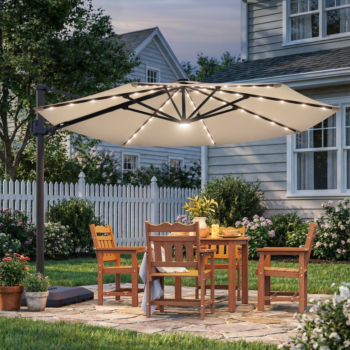Sonkuki 11FT Aluminum Cantilever LED Umbrella Outdoor Offset Umbrella with Detachable Power Bank and 360 Degree Rotation LED Umbrella, Crank Handle and Solar Panel, Base Included - Sonkuki
