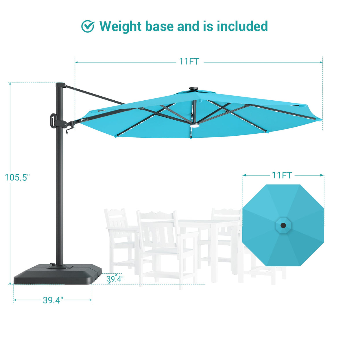 Sonkuki 11FT Aluminum Cantilever LED Umbrella Outdoor Offset Umbrella with Detachable Power Bank and 360 Degree Rotation LED Umbrella, Crank Handle and Solar Panel, Base Included - Sonkuki