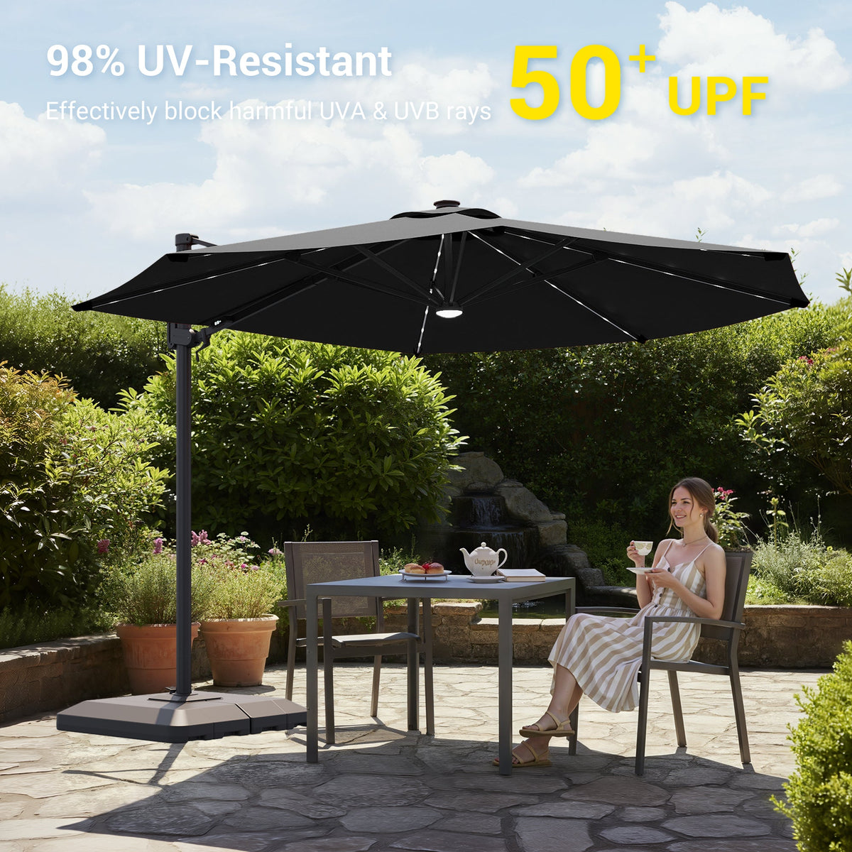 Sonkuki 11FT Aluminum Cantilever LED Umbrella Outdoor Offset Umbrella with Detachable Power Bank and 360 Degree Rotation LED Umbrella, Crank Handle and Solar Panel, Base Included - Sonkuki