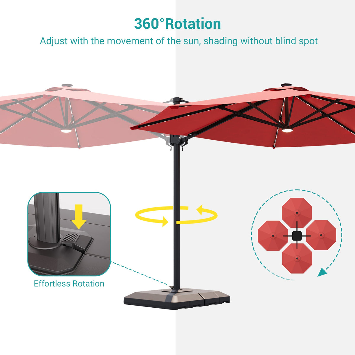 Sonkuki 11FT Aluminum Cantilever LED Umbrella Outdoor Offset Umbrella with Detachable Power Bank and 360 Degree Rotation LED Umbrella, Crank Handle and Solar Panel, Base Included - Sonkuki