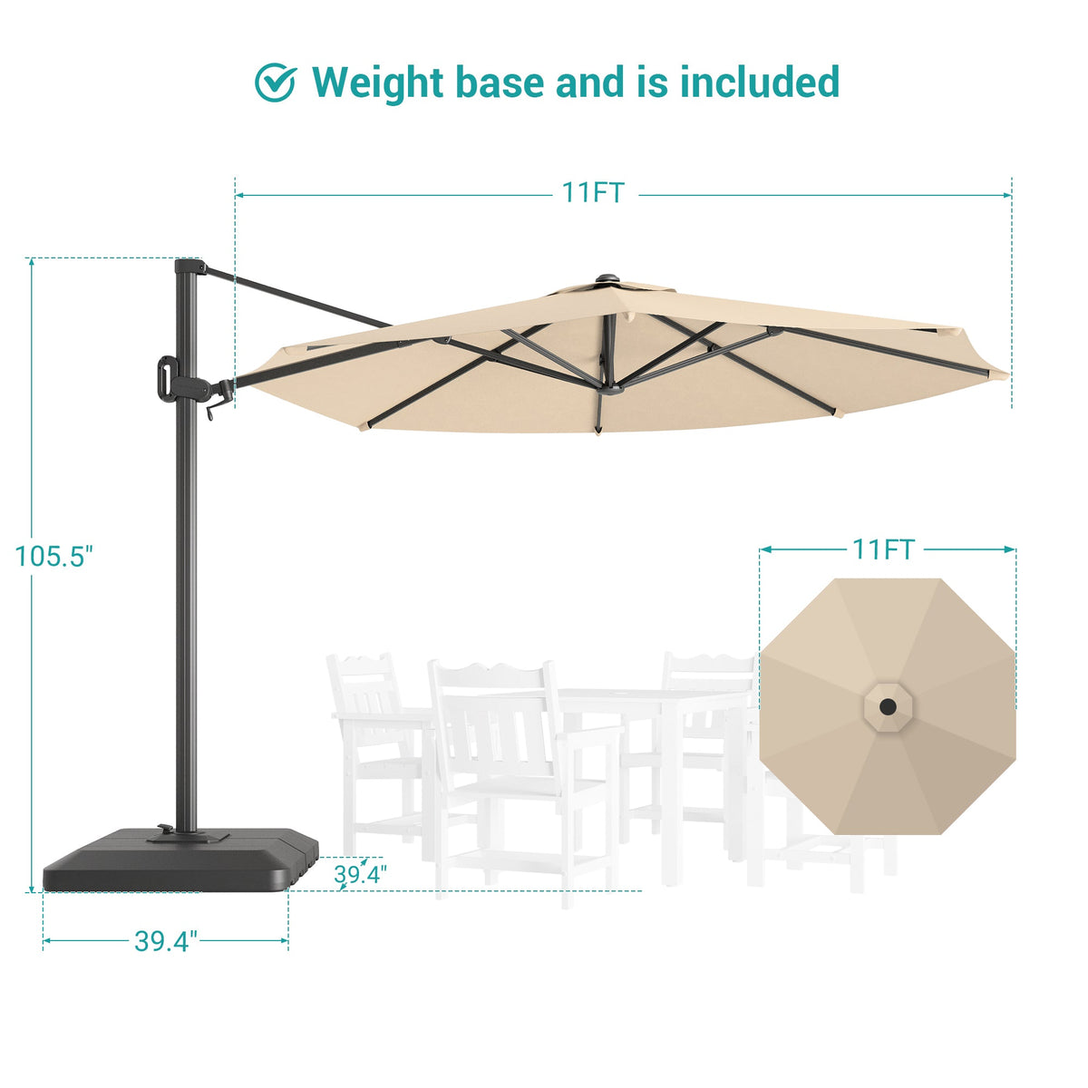 Sonkuki 11FT Aluminum Cantilever Umbrella Outdoor Offset Umbrella with Crank Handle and 360 Degree Rotation Umbrella, 240g Solution - dyed Fabric with 8 Reinforced Ribs, Base Included - Sonkuki