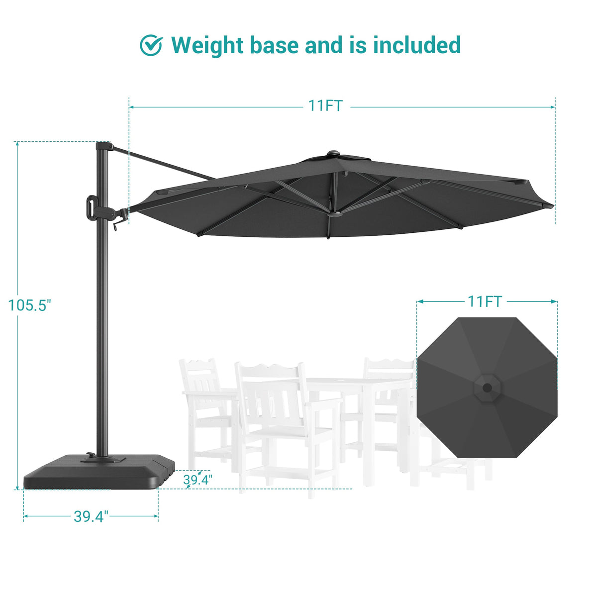 Sonkuki 11FT Aluminum Cantilever Umbrella Outdoor Offset Umbrella with Crank Handle and 360 Degree Rotation Umbrella, 240g Solution - dyed Fabric with 8 Reinforced Ribs, Base Included - Sonkuki