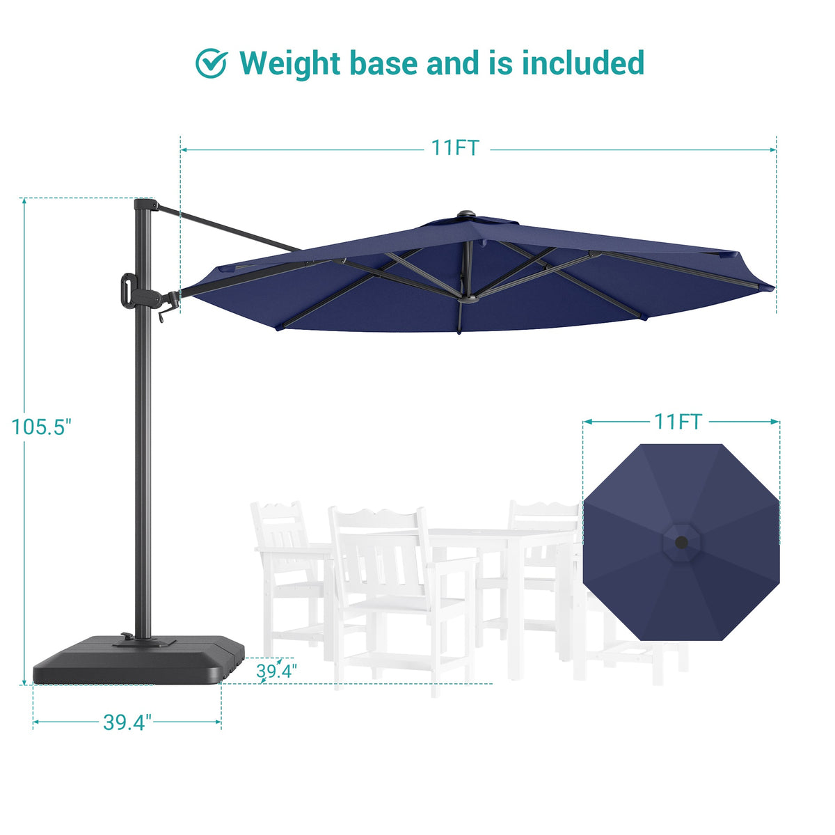 Sonkuki 11FT Aluminum Cantilever Umbrella Outdoor Offset Umbrella with Crank Handle and 360 Degree Rotation Umbrella, 240g Solution - dyed Fabric with 8 Reinforced Ribs, Base Included - Sonkuki