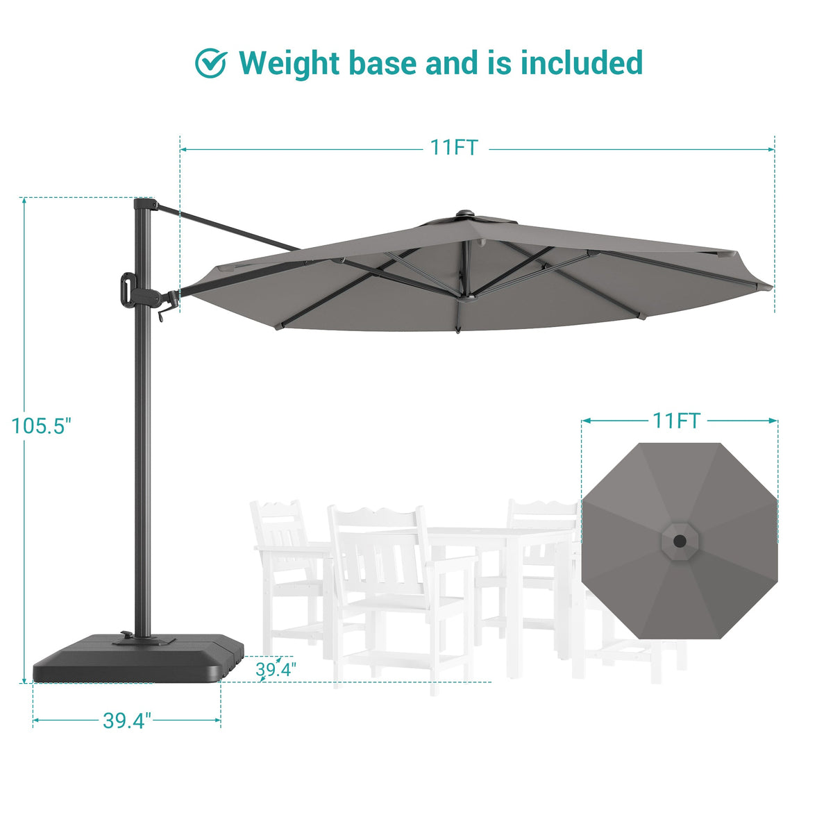 Sonkuki 11FT Aluminum Cantilever Umbrella Outdoor Offset Umbrella with Crank Handle and 360 Degree Rotation Umbrella, 240g Solution - dyed Fabric with 8 Reinforced Ribs, Base Included - Sonkuki